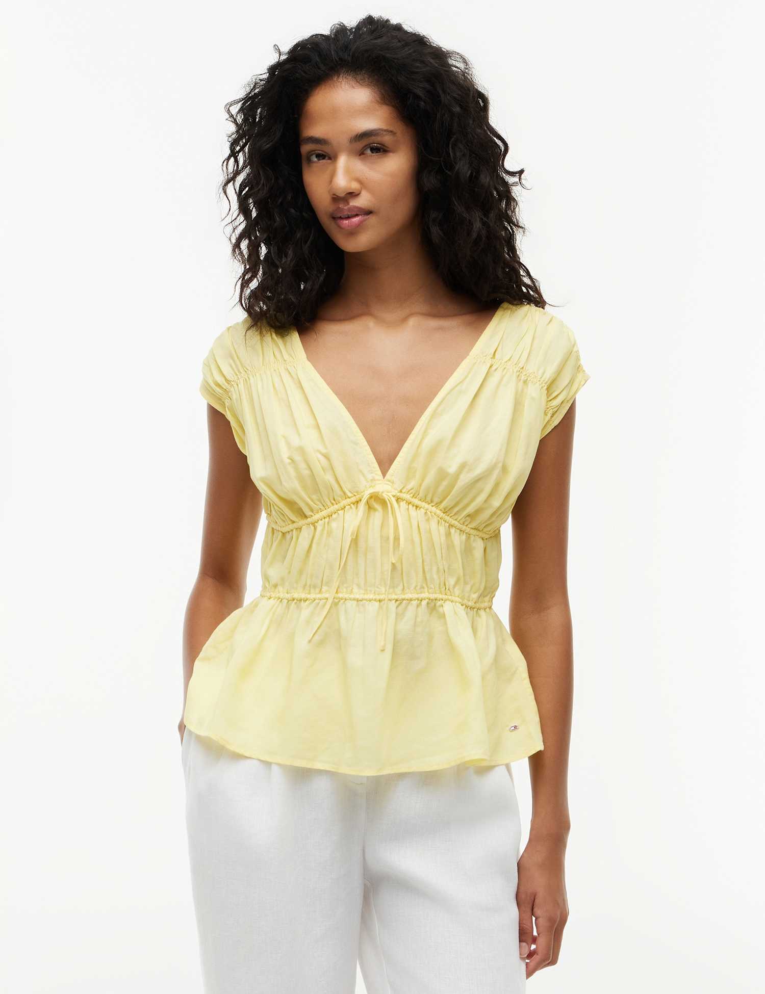 Tommy Hilfiger V-Neck Tie Detail Top with Linen Yellow