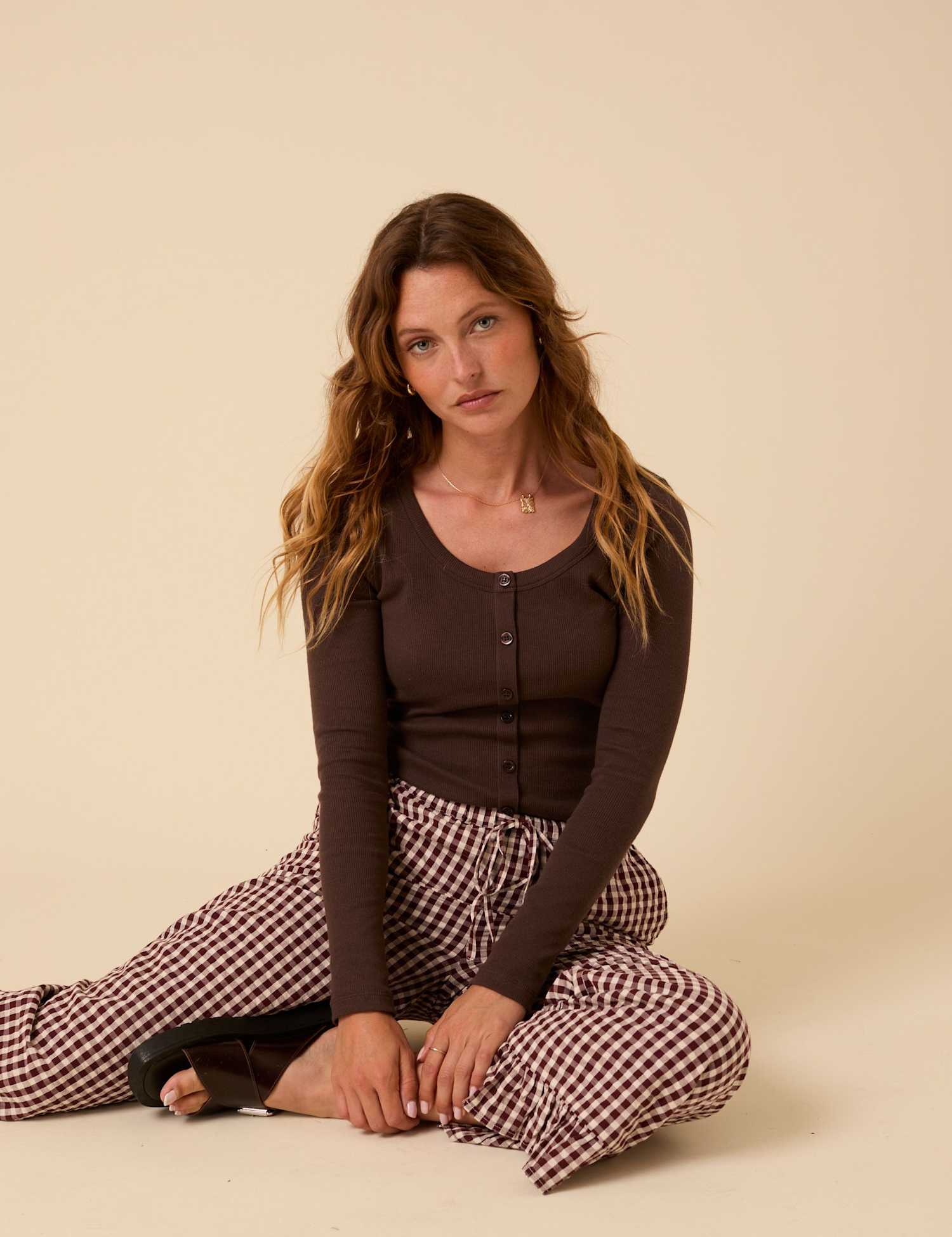 Nobody's Child Cotton Rich Scoop Neck Button Through Top Brown