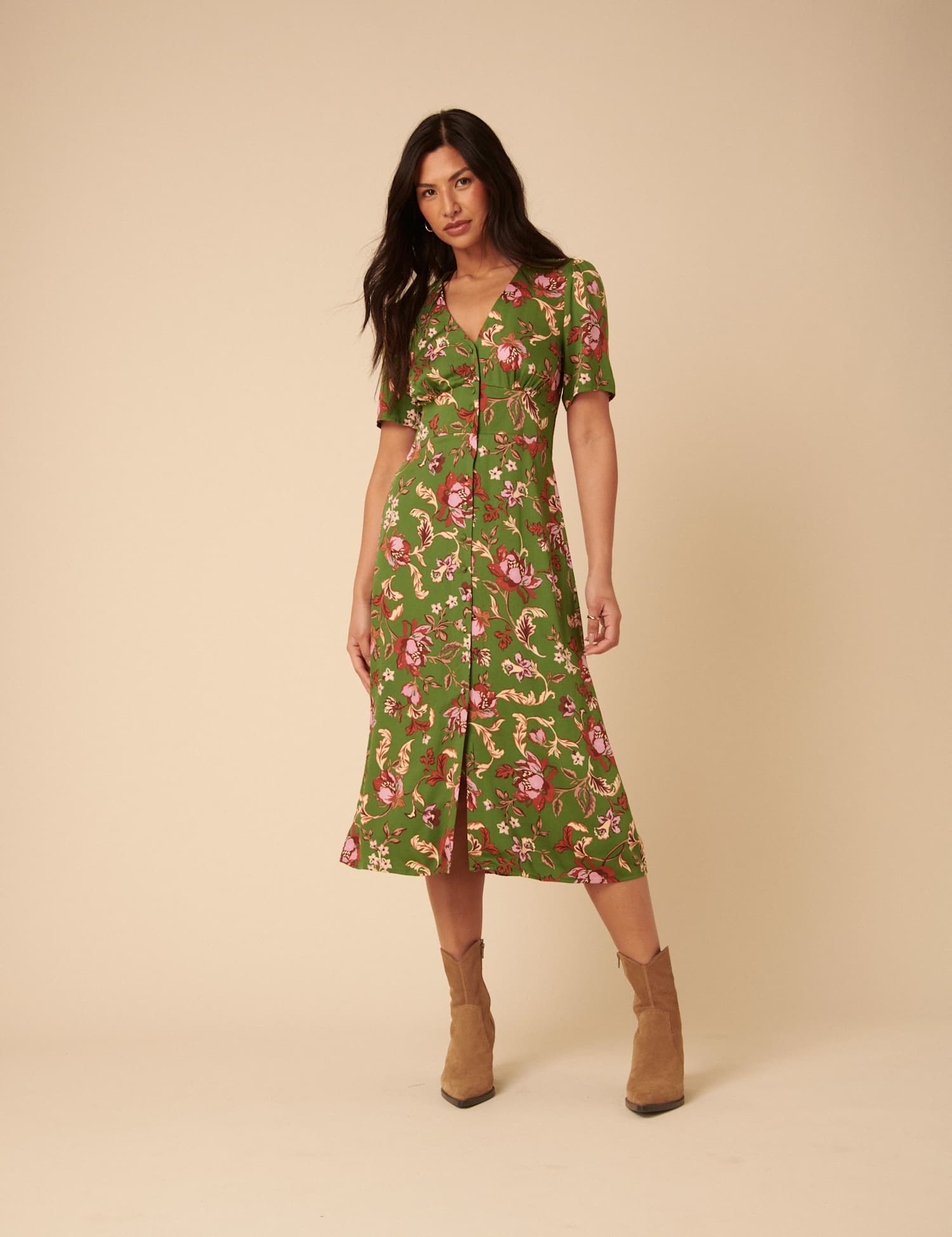 Nobody's Child Floral Midi Waisted Dress Green