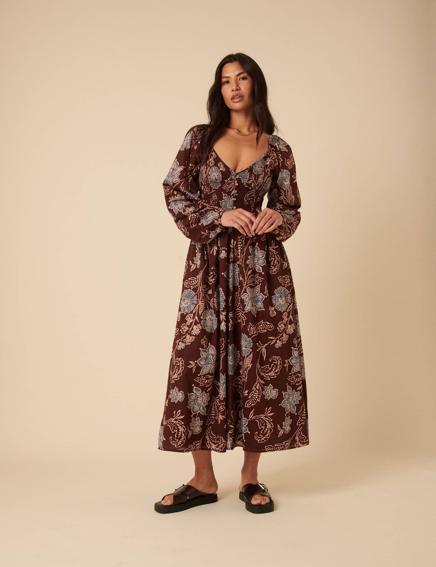 Nobody's Child Pure Cotton Floral V-Neck Midi Waisted Dress Multi
