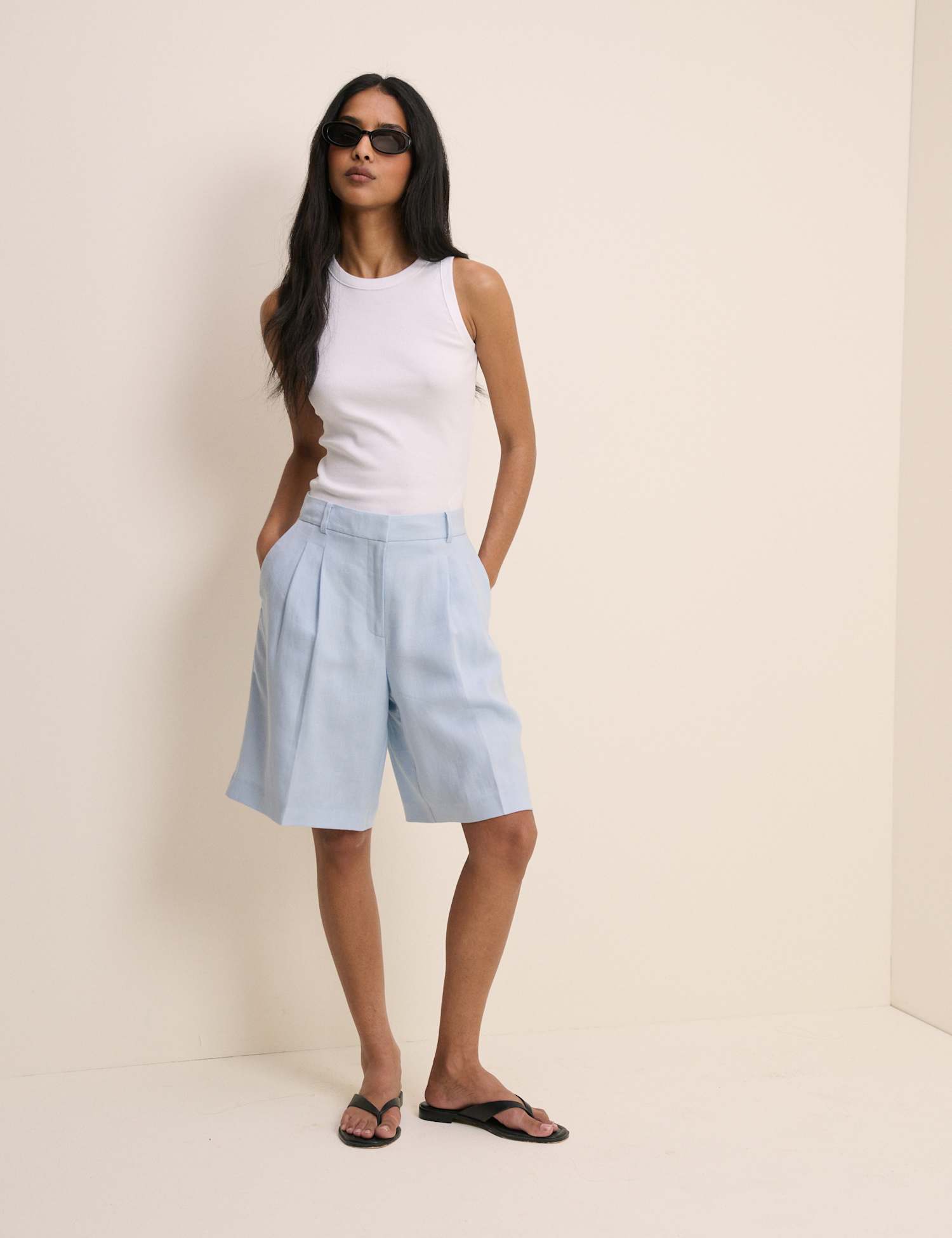 Nobody's Child Lyocell Rich High Waisted Knee Length Shorts Blue