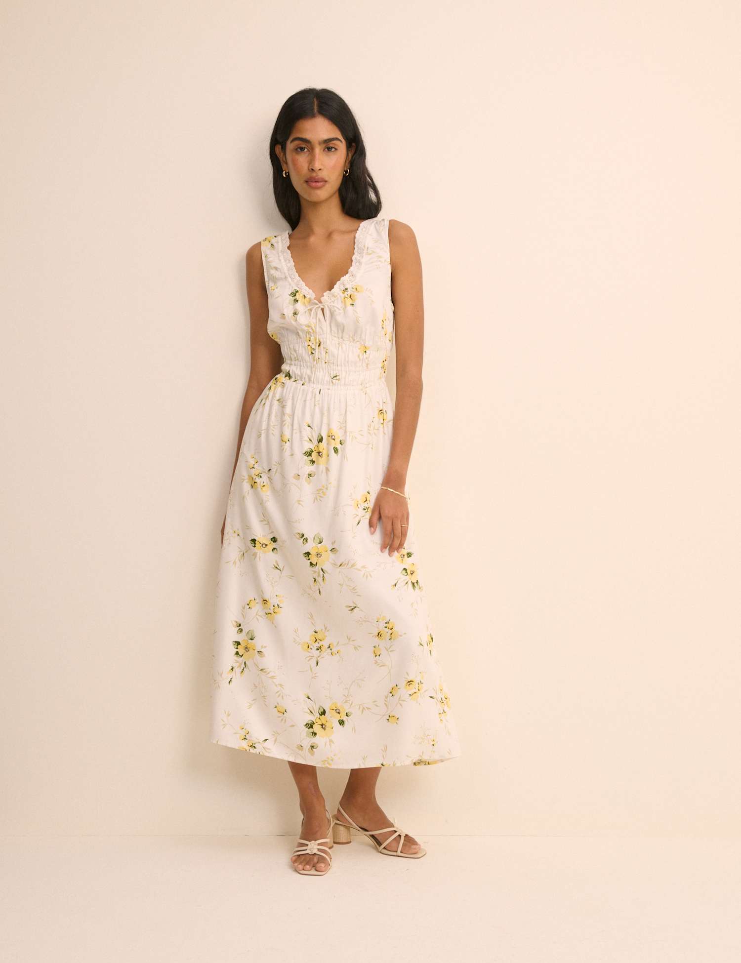 Nobody's Child Floral V-Neck Lace Trim Midi Waisted Dress White Mix