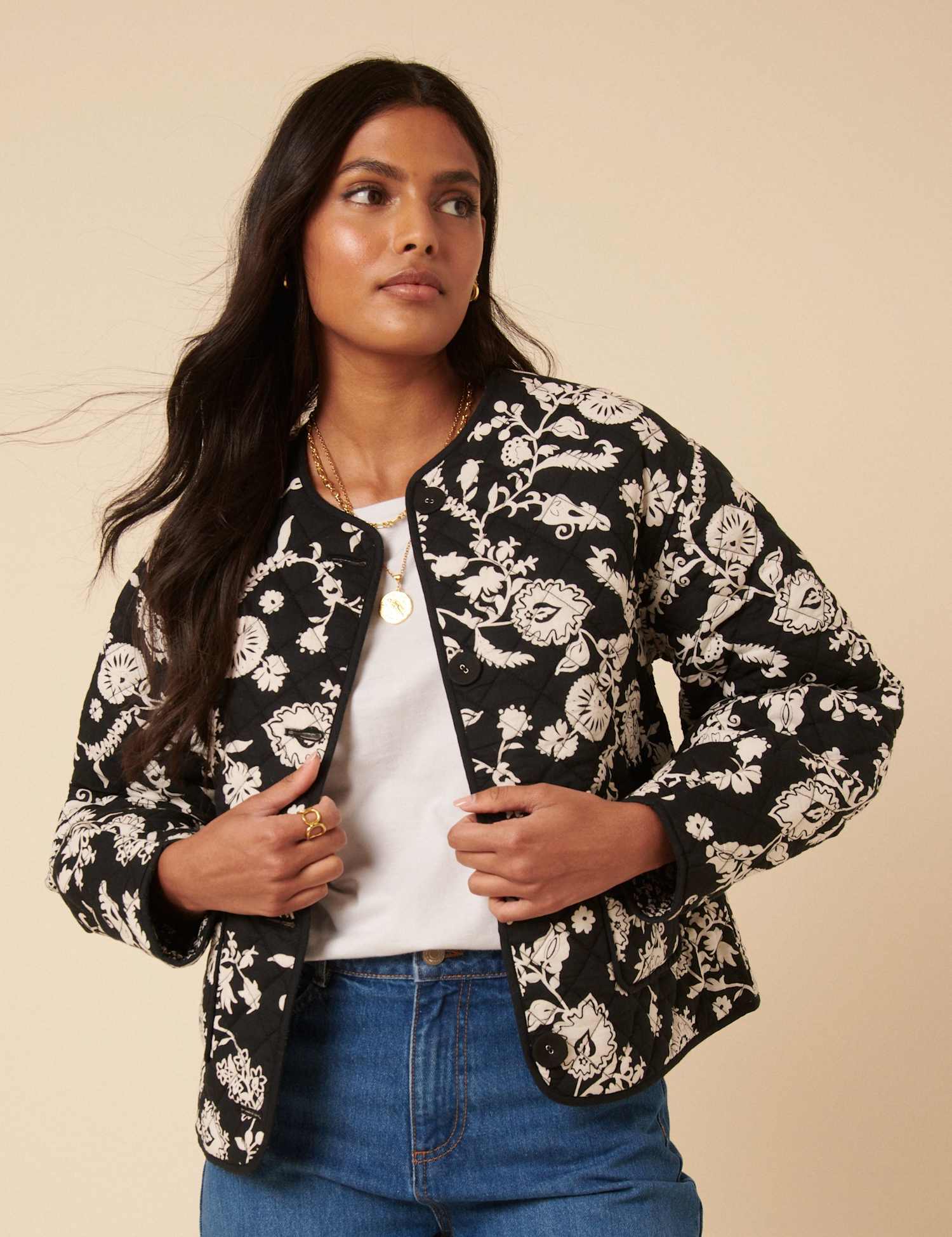 Nobody's Child Pure Cotton Floral Quilted Jacket Black Mix