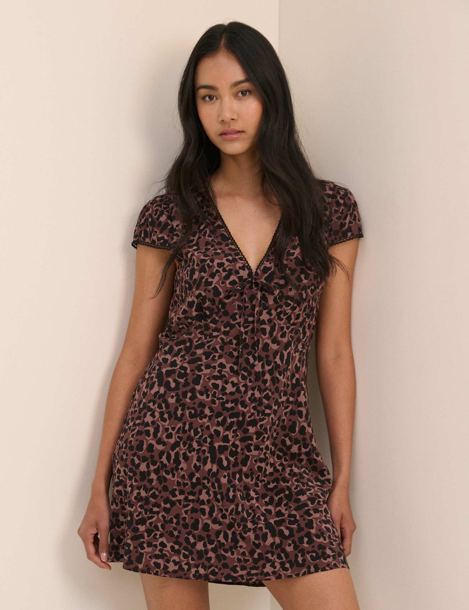 Nobody's Child Polka Dot V-Neck Mini Tea Dress Brown