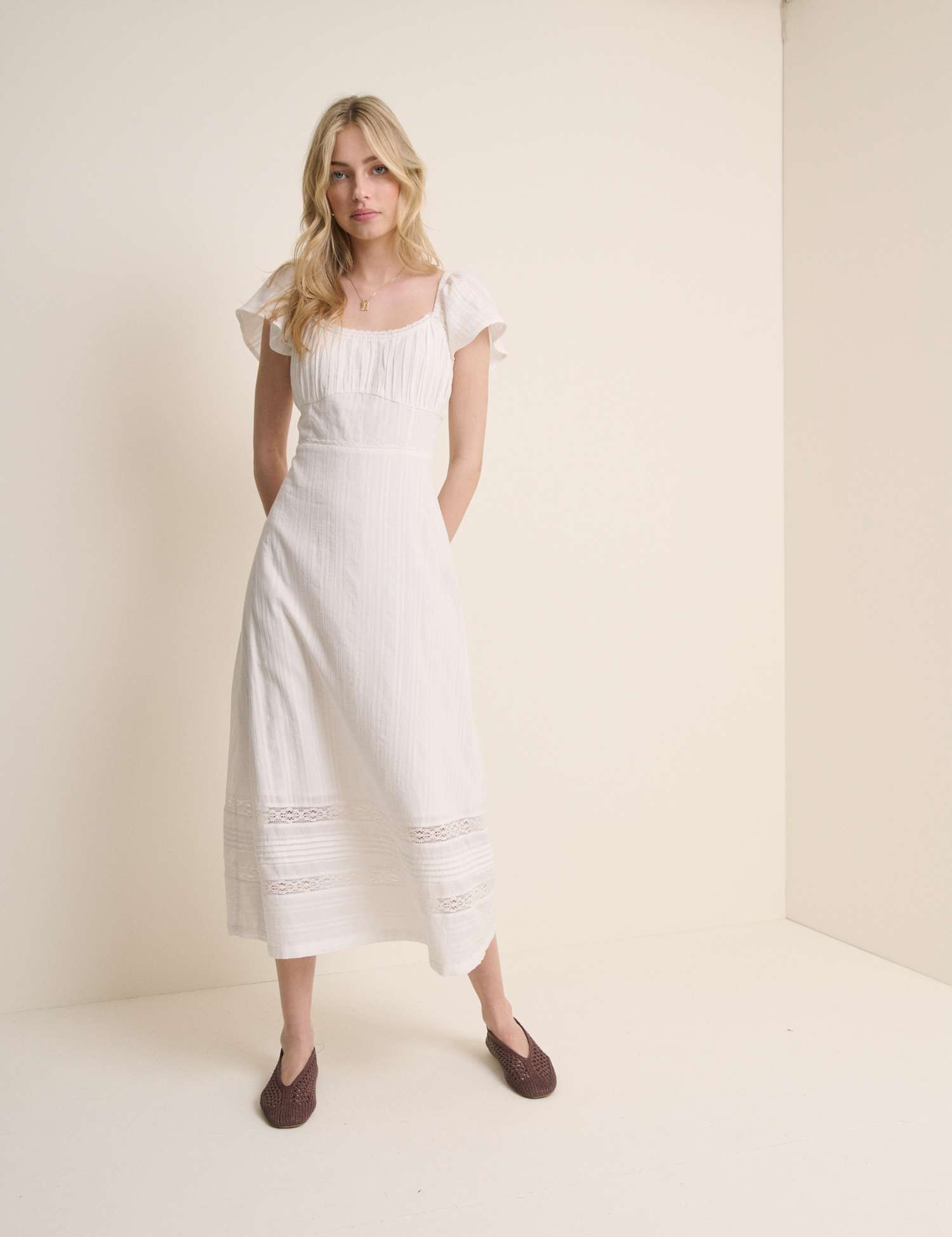 Nobody's Child Pure Cotton Lace Insert Midi Waisted Dress White