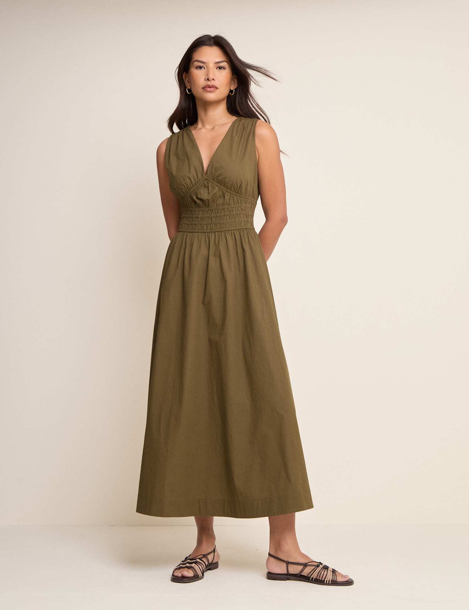 Nobody's Child Pure Cotton V-Neck Midi Waisted Dress Green