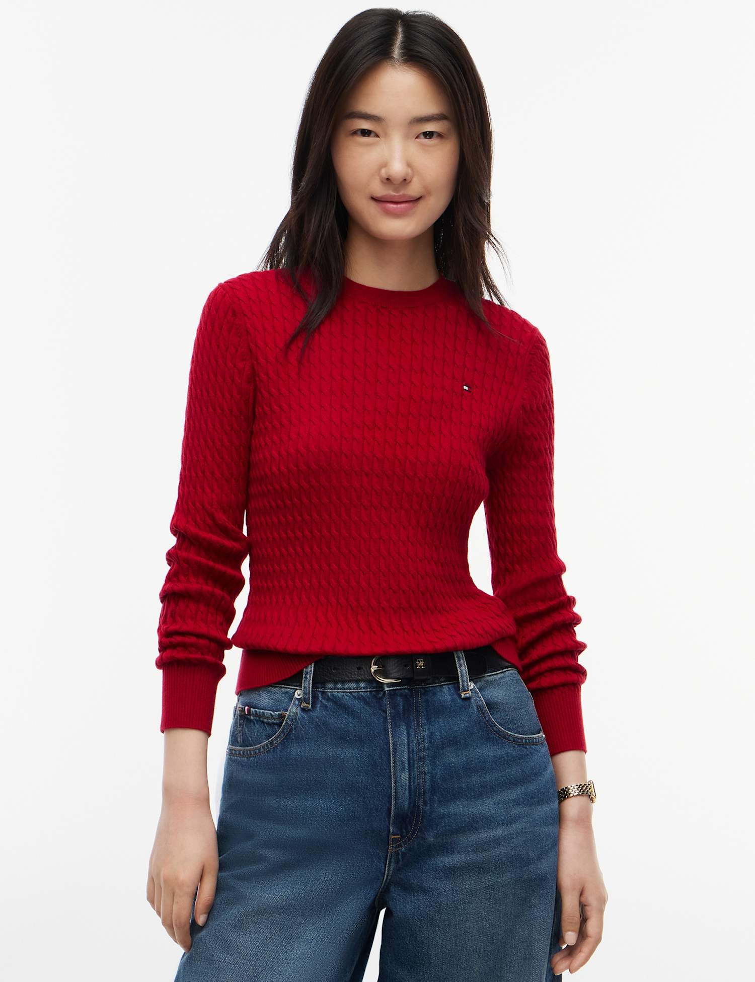Tommy Hilfiger Pure Cotton Cable Knit Crew Neck Jumper Dark Red