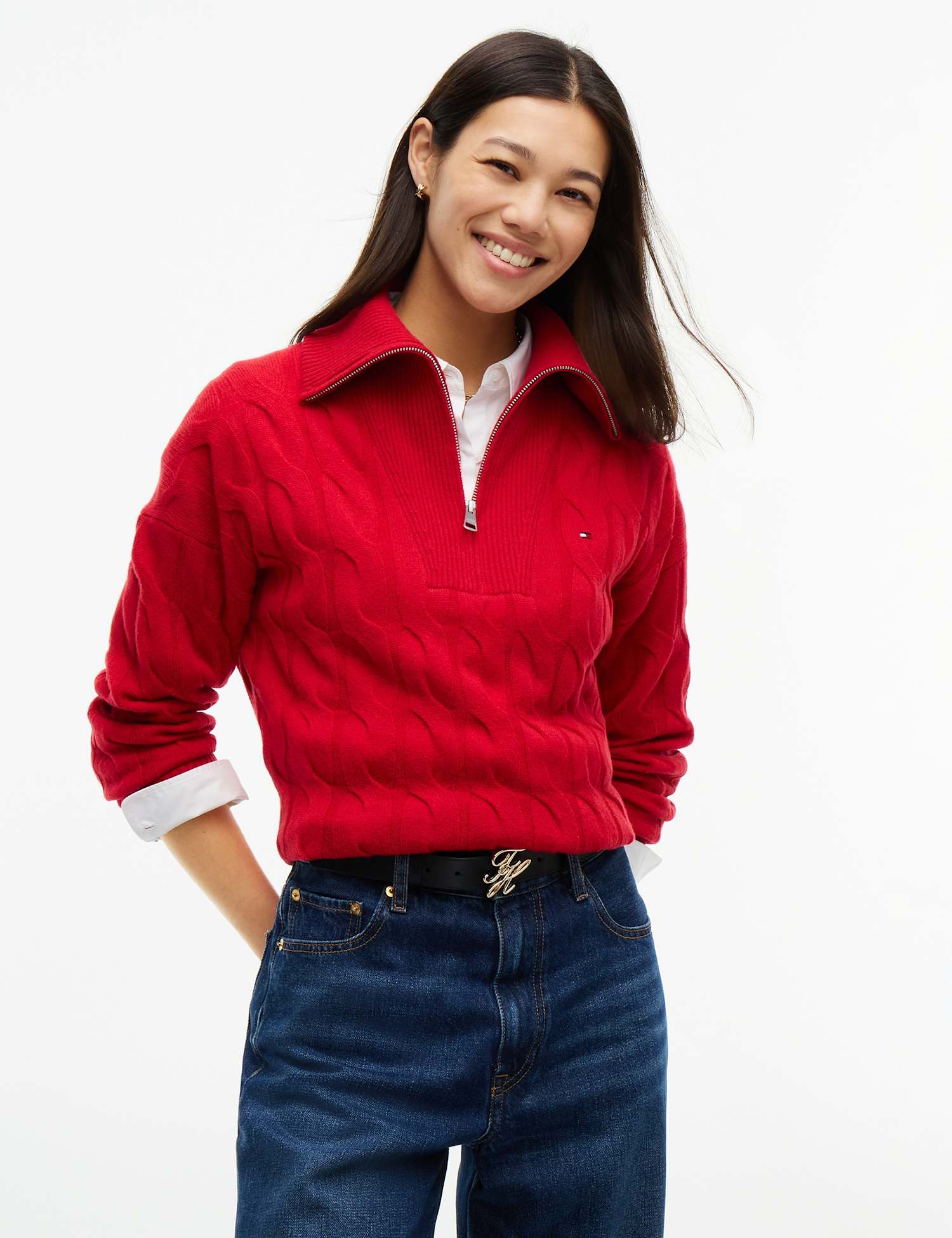 Tommy Hilfiger Pure Wool Cable Knit Half Zip Jumper Red