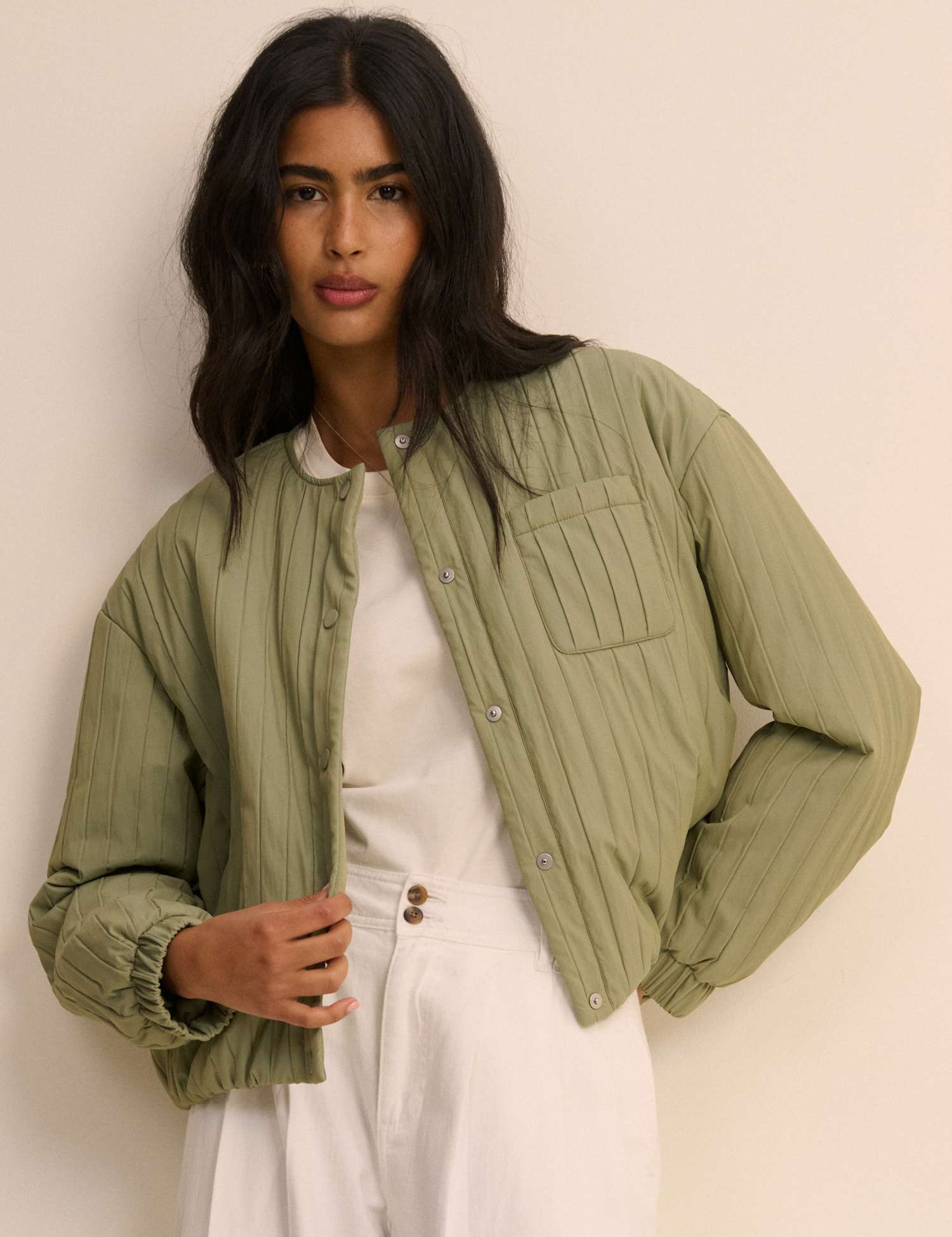 Nobody's Child Quilted Collarless Bomber Jacket Green