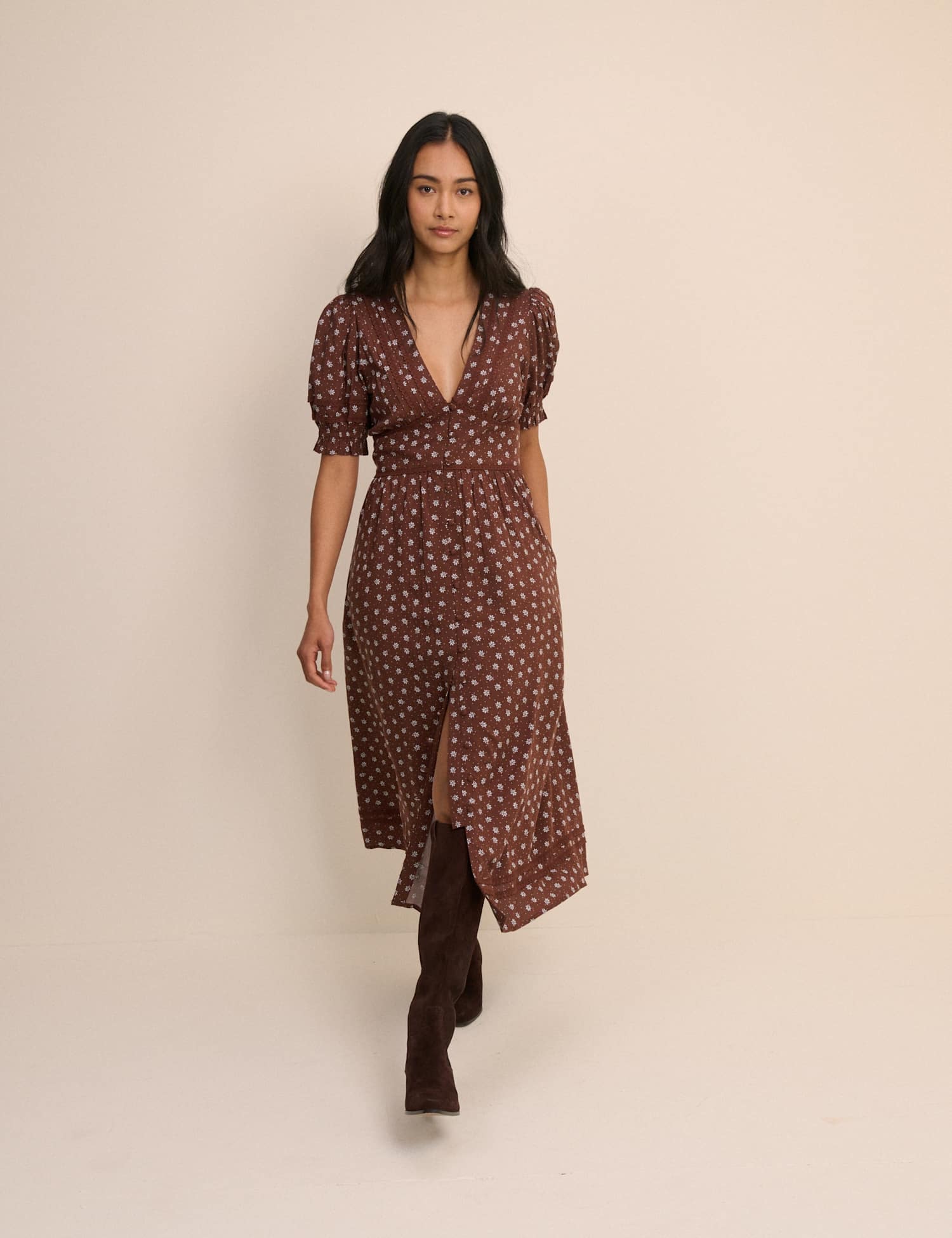 Nobody's Child Floral V-Neck Button Front Midi Tea Dress Brown