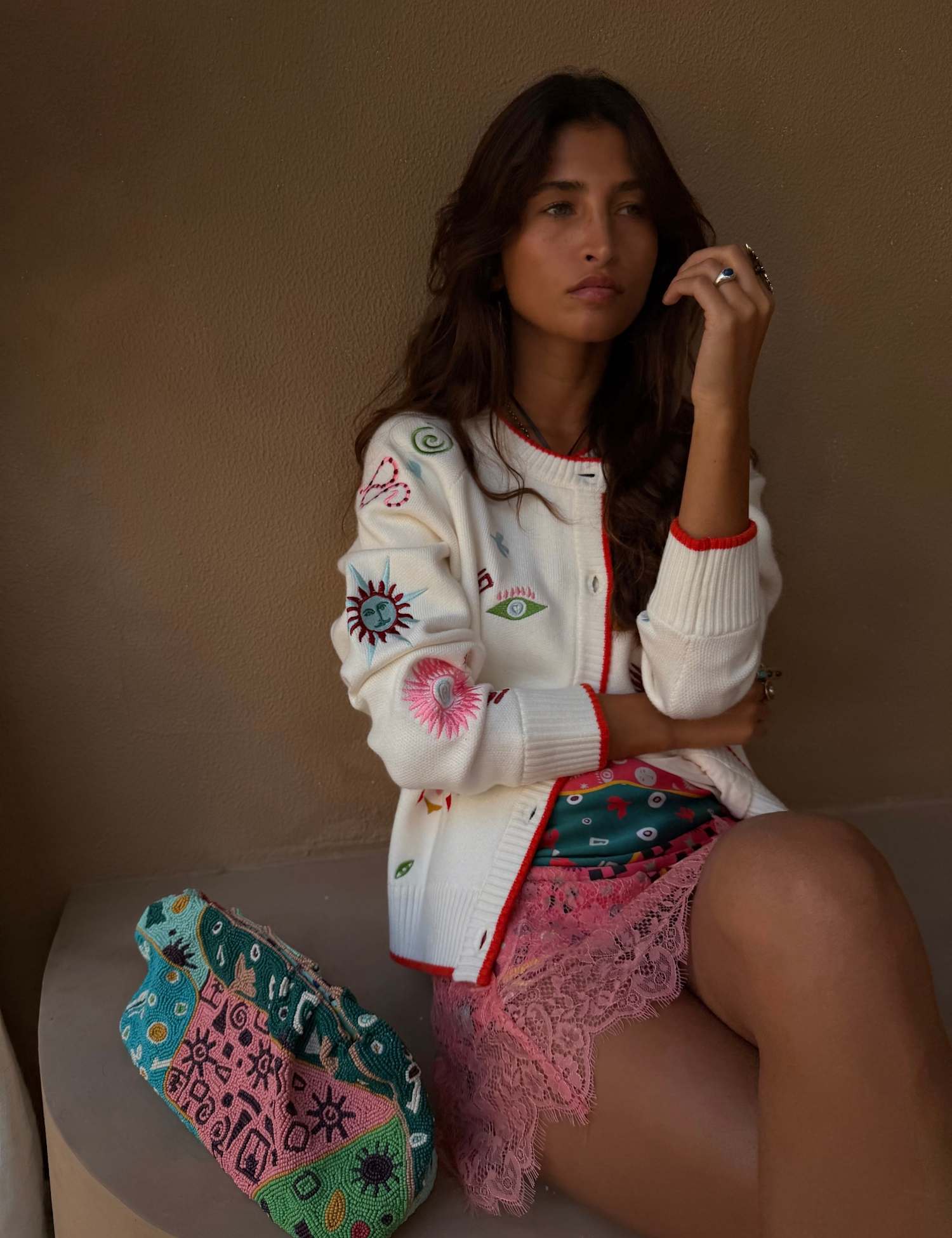 Never Fully Dressed Embroidered Crew Neck Cardigan Cream Mix