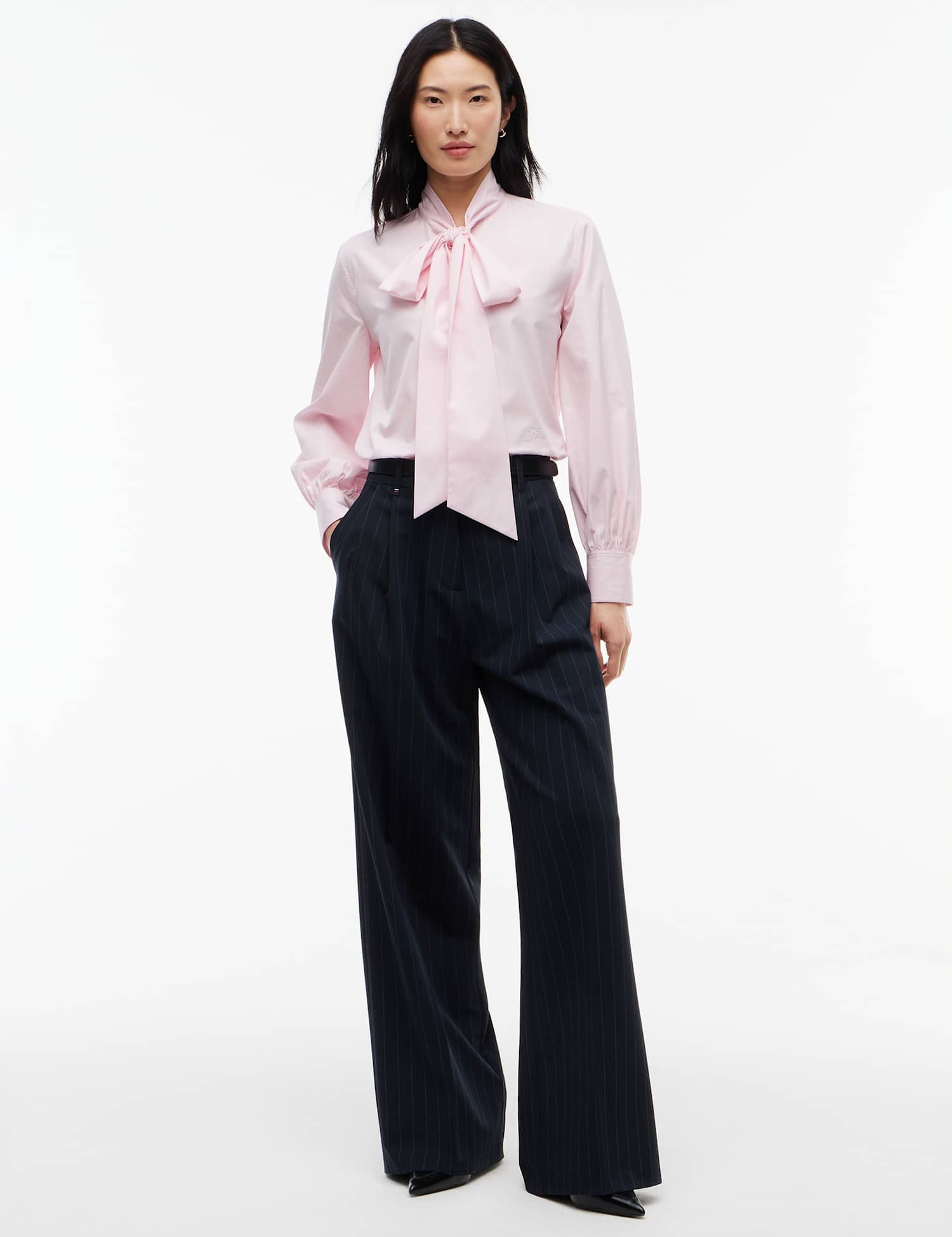Tommy Hilfiger Pure Cotton Poplin Tie Neck Shirt Light Pink