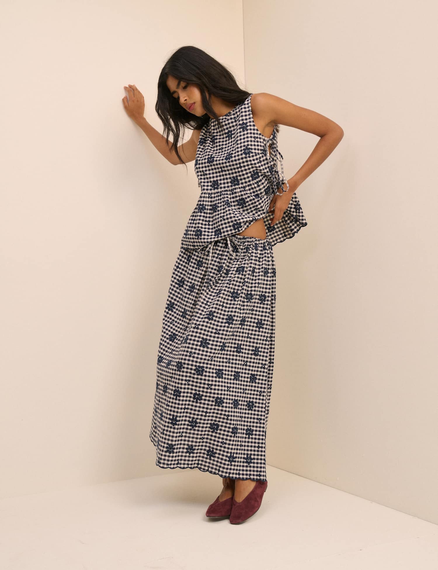 Nobody's Child Cotton Rich Checked Midi A-Line Skirt Navy