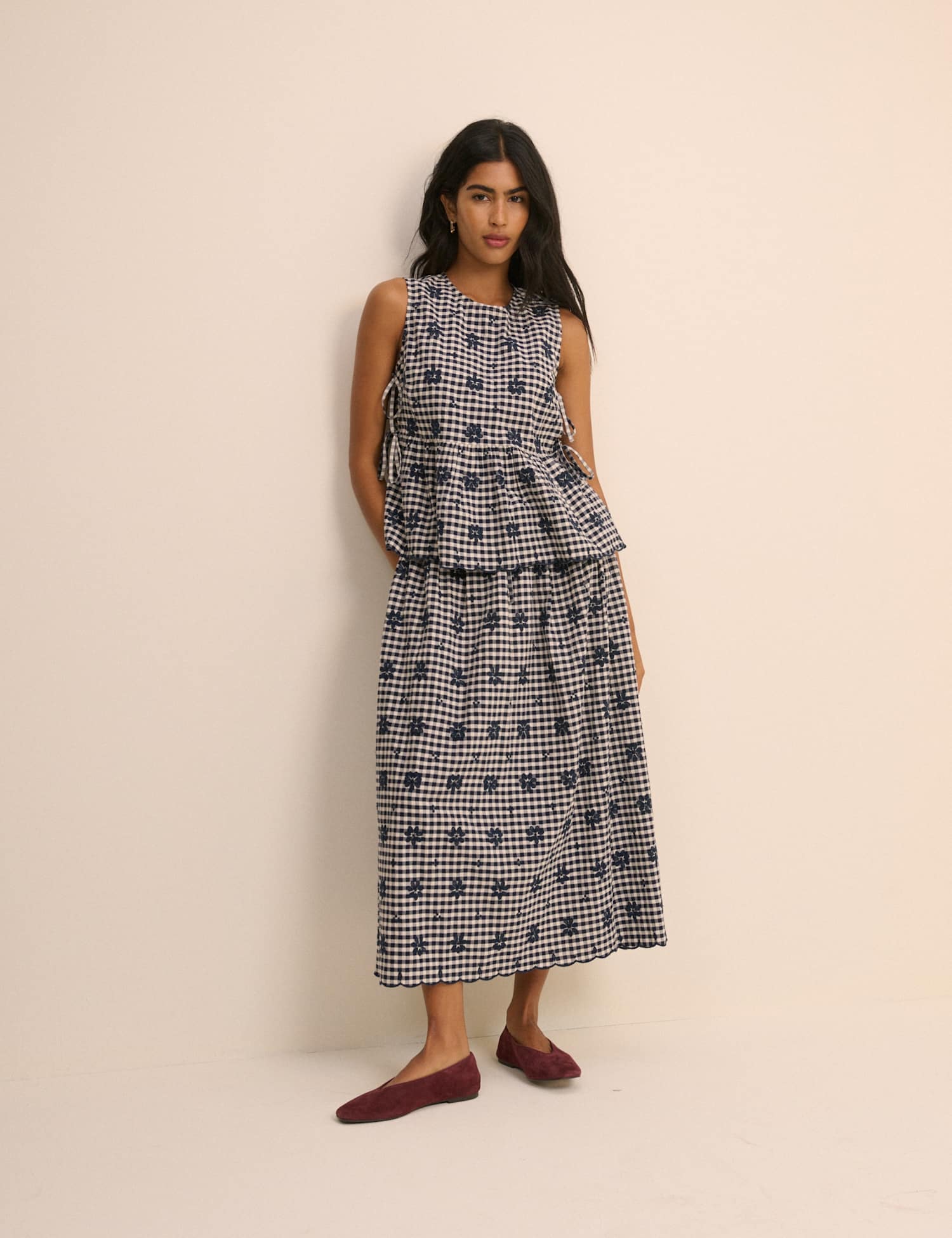 Nobody's Child Pure Cotton Checked Embroidered Blouse Navy