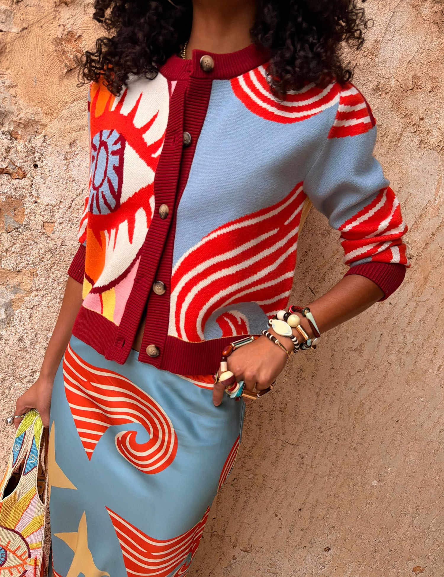 Never Fully Dressed Hollie Cardigan in Dolce Vita Jacquard Blue Mix