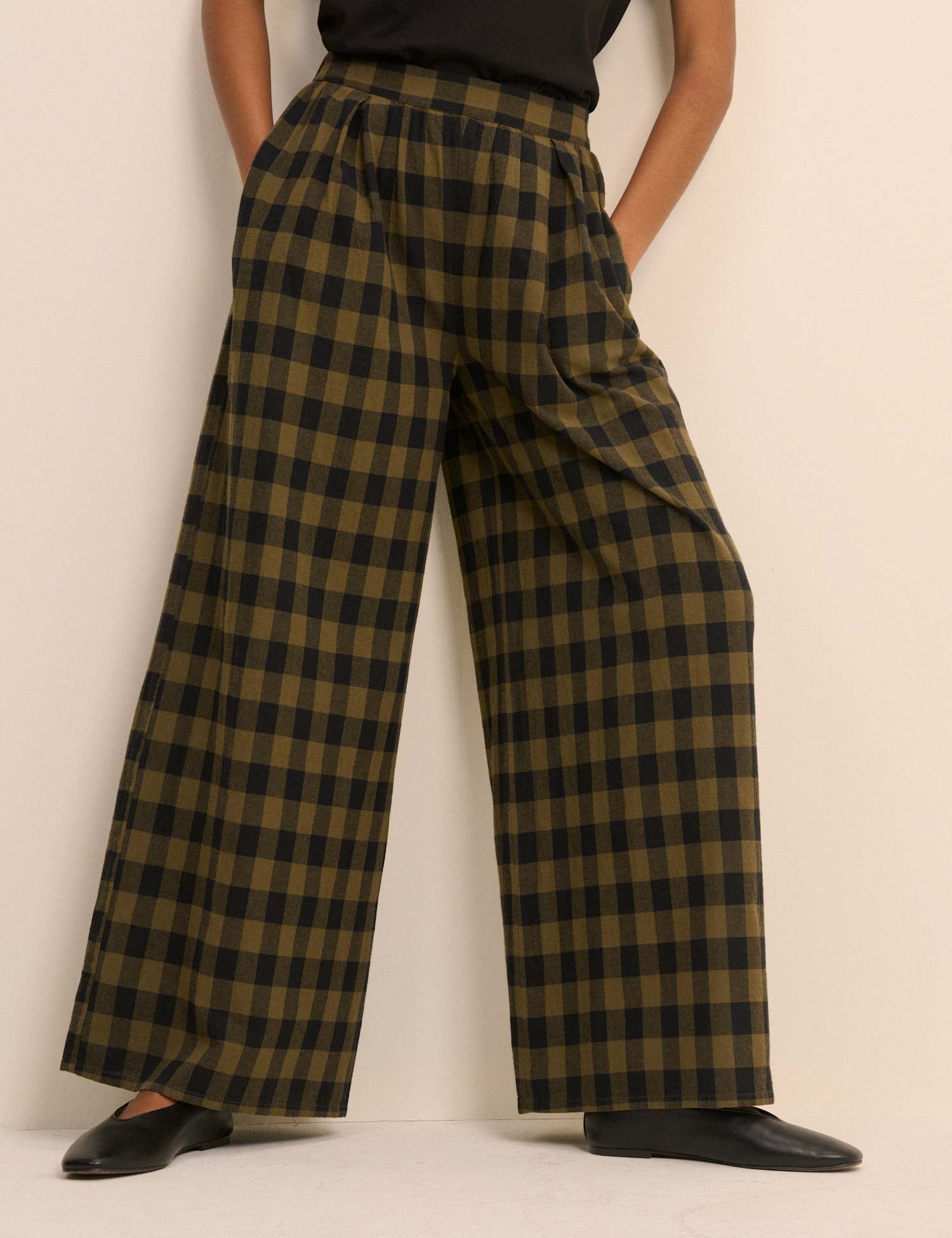Nobody's Child Pure Cotton Checked Wide Leg Trousers Khaki