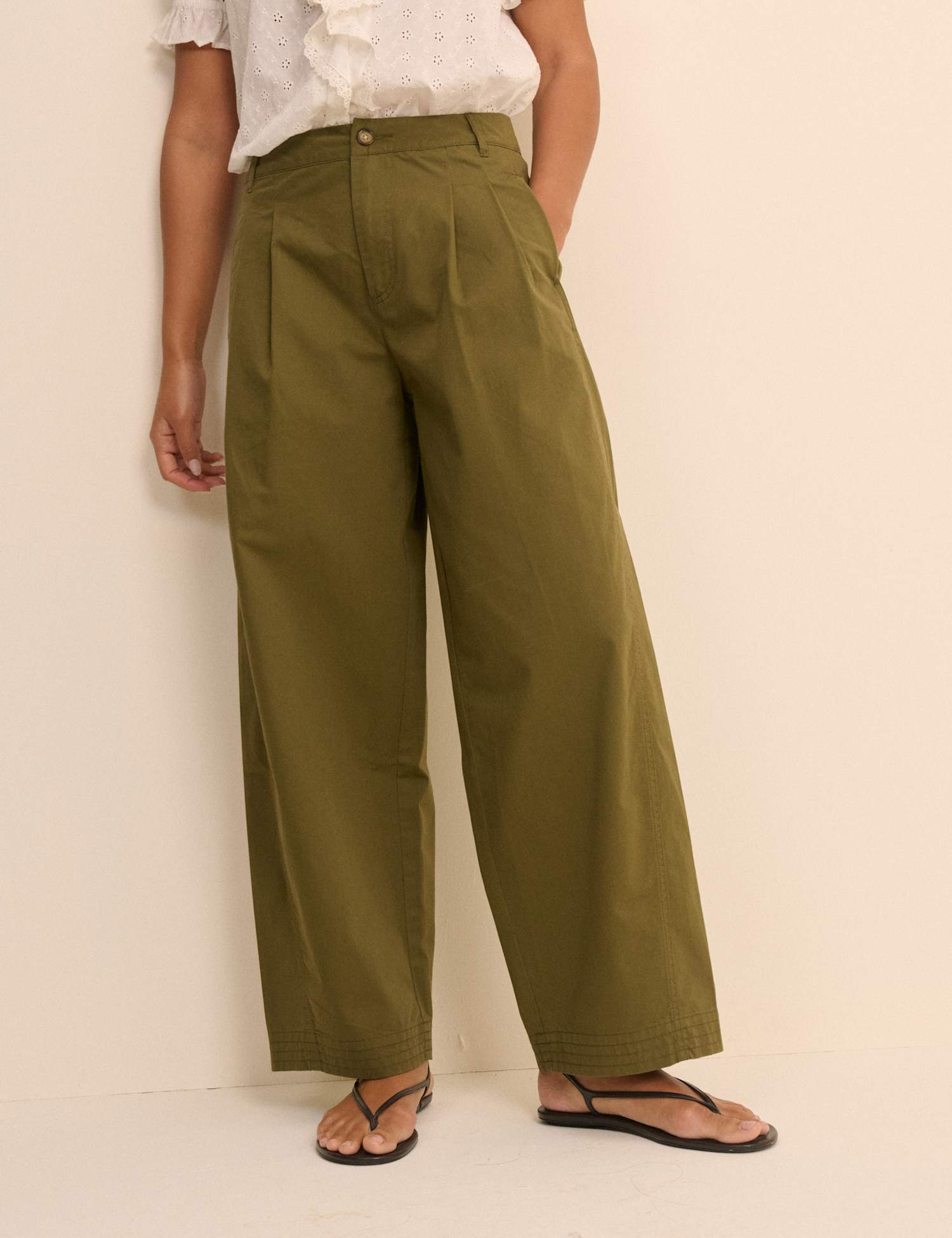 Nobody's Child Pure Cotton Pleated Wide Leg Trousers Khaki