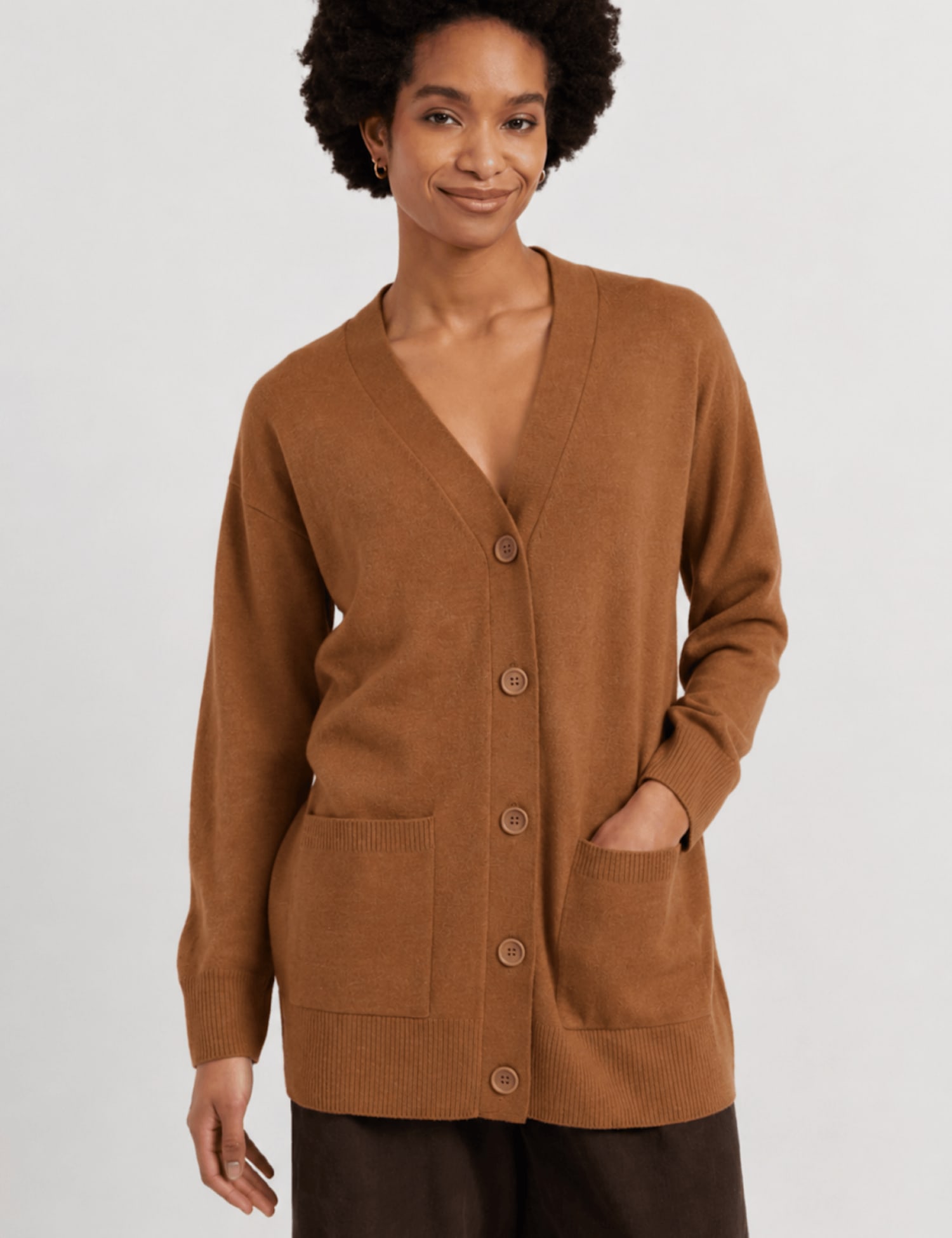 Chinti & Parker Wool Rich V-Neck Longline Cardigan Brown