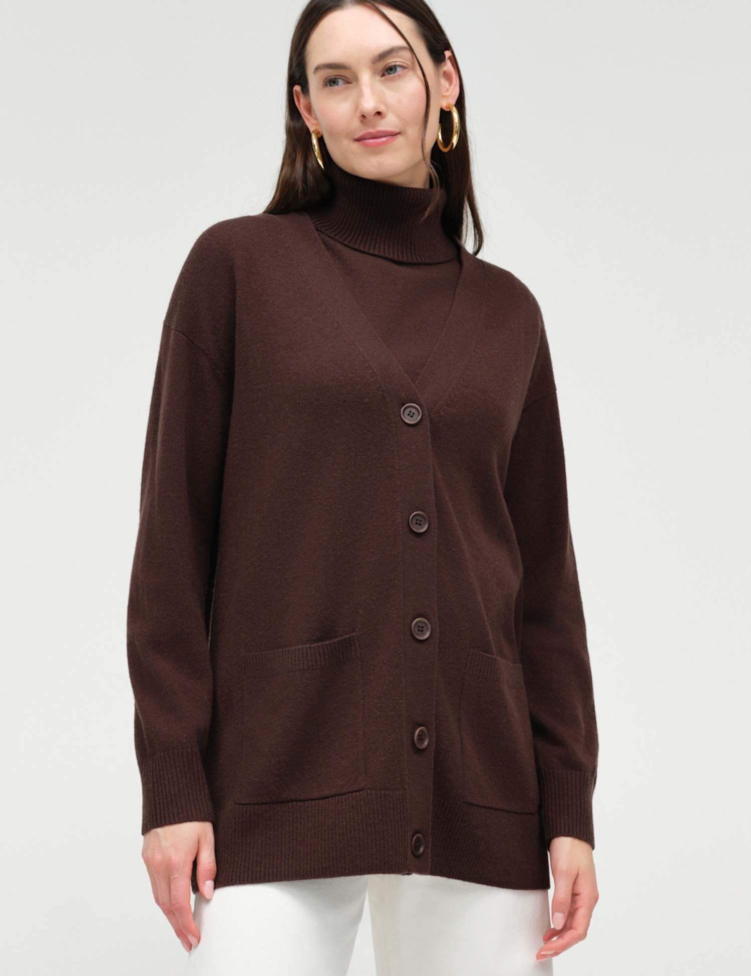Chinti & Parker Wool Rich V-Neck Longline Cardigan Chocolate