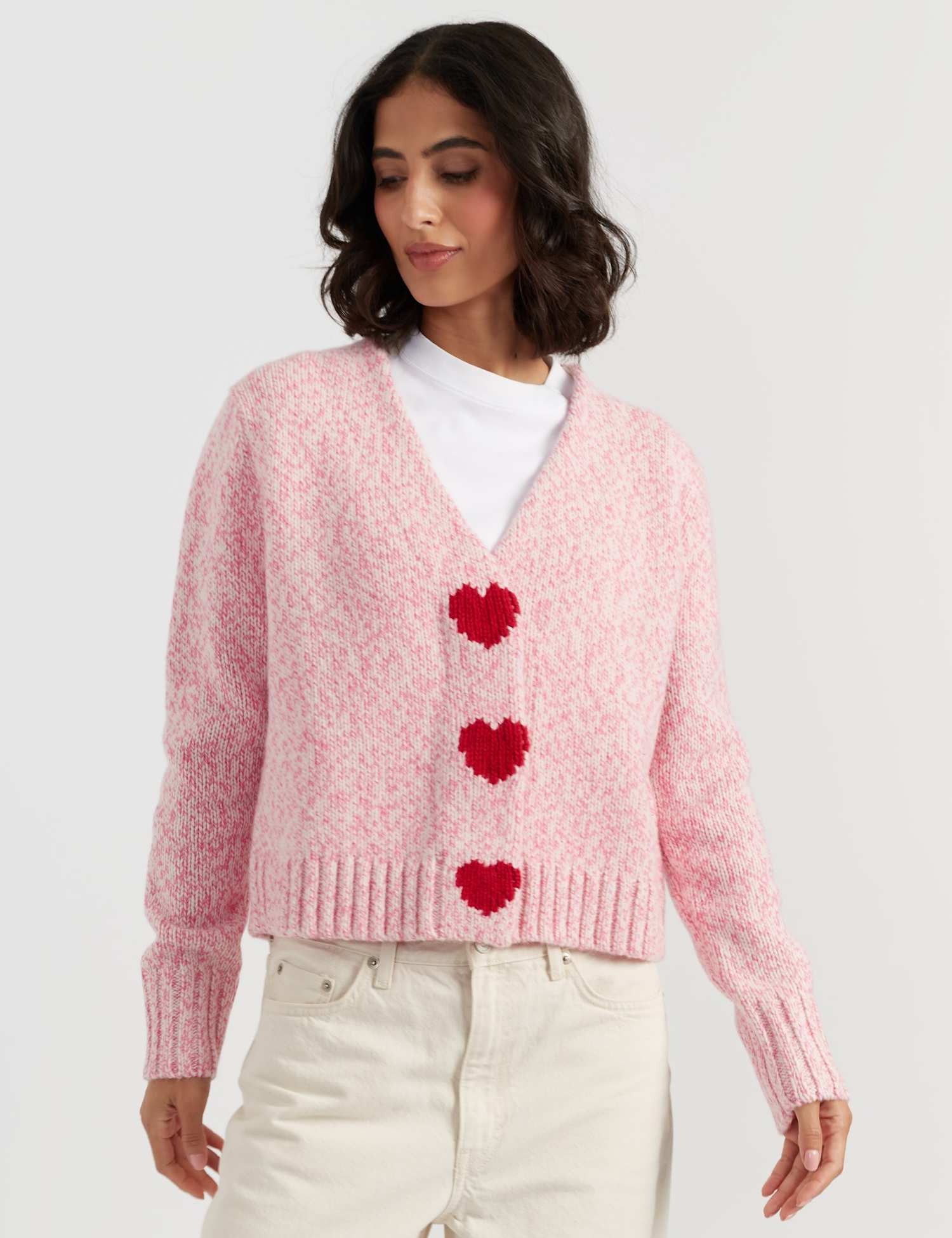 Chinti & Parker Pure Merino Wool Heart V-Neck Cardigan Pink Mix