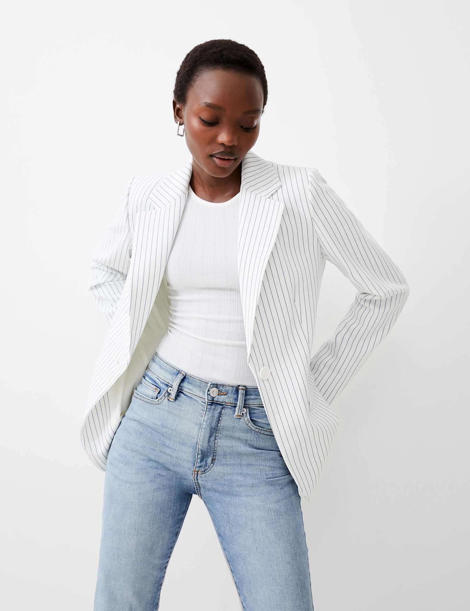 French Connection Pinstripe Single Breasted Blazer White Mix