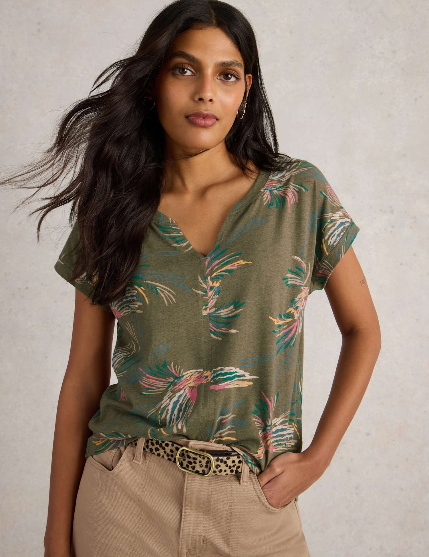 White Stuff Pure Cotton Bird Print T-Shirt Green Mix