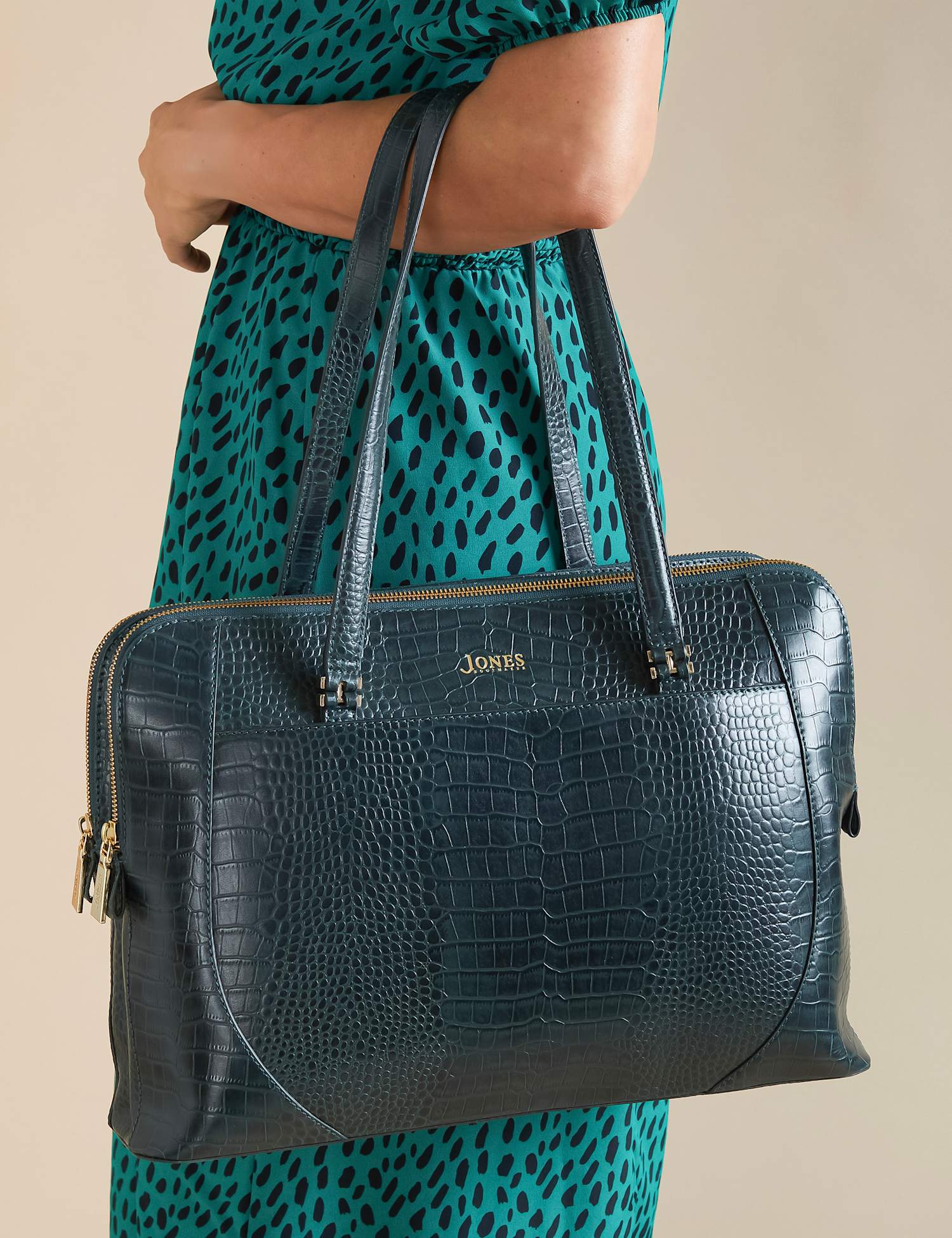 Jones Bootmaker Leather Croc Effect Tote Bag Green