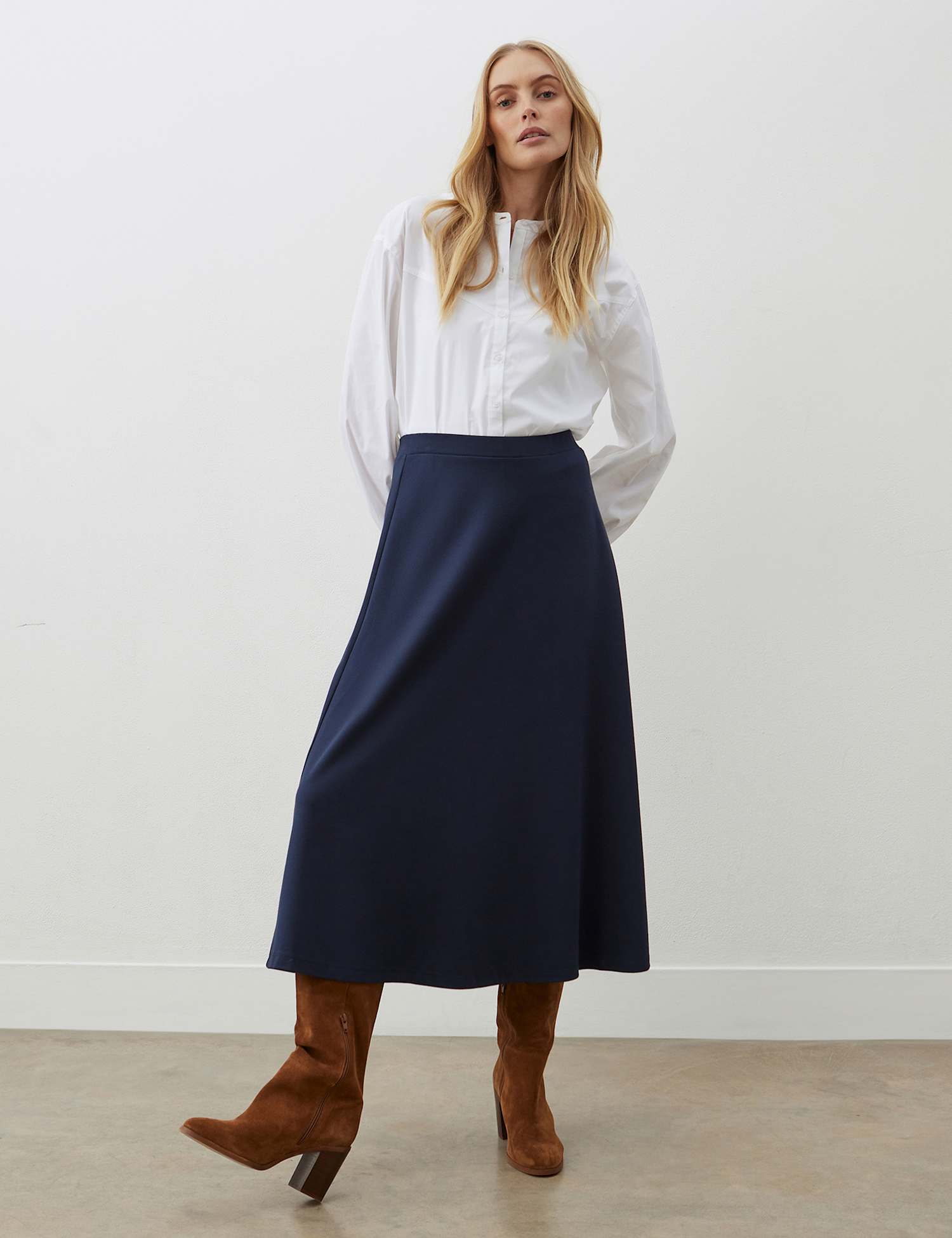 Finery London Ponte Jersey Midi A-Line Skirt Navy