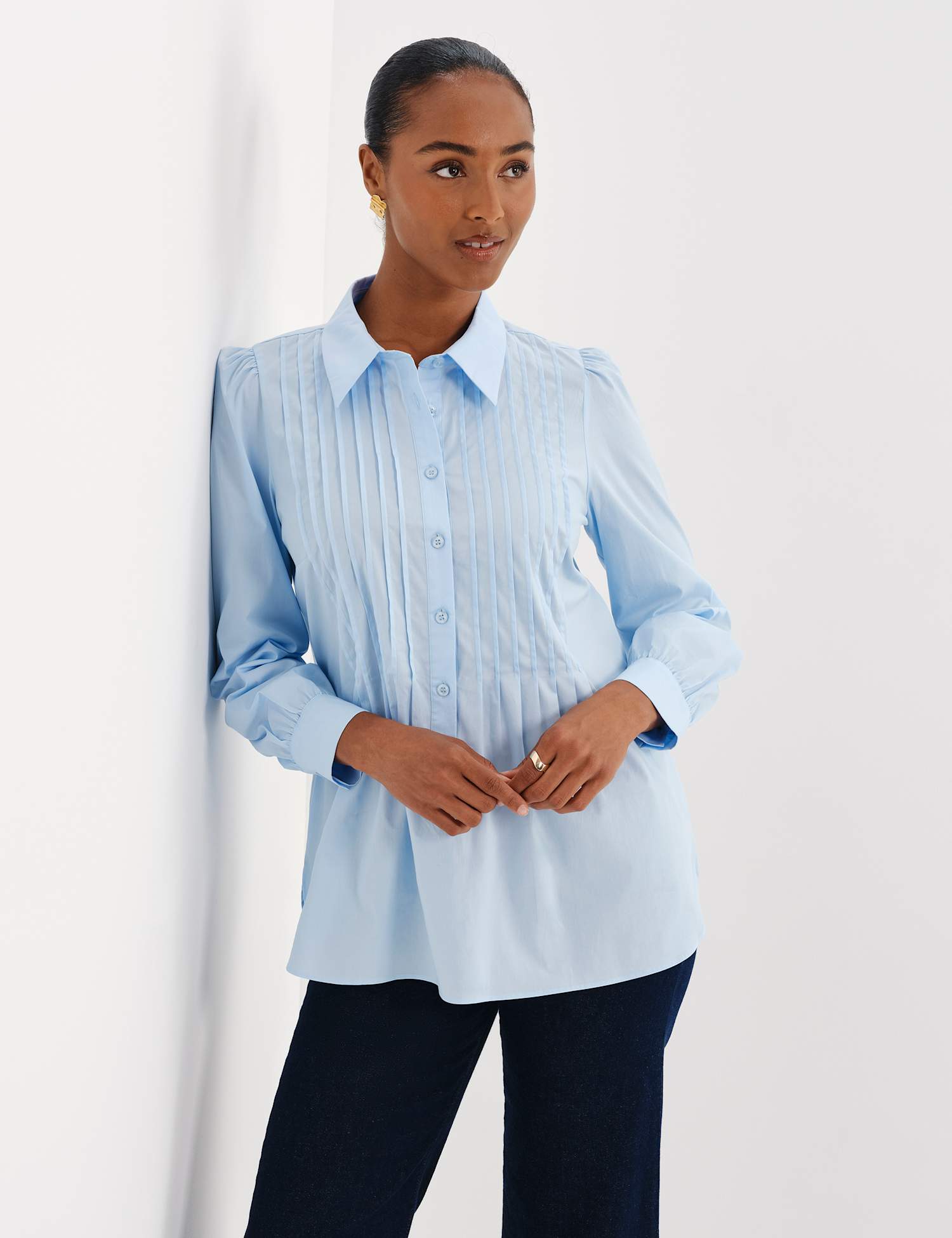 Finery London Cotton Rich Collared Pintuck Shirt Blue