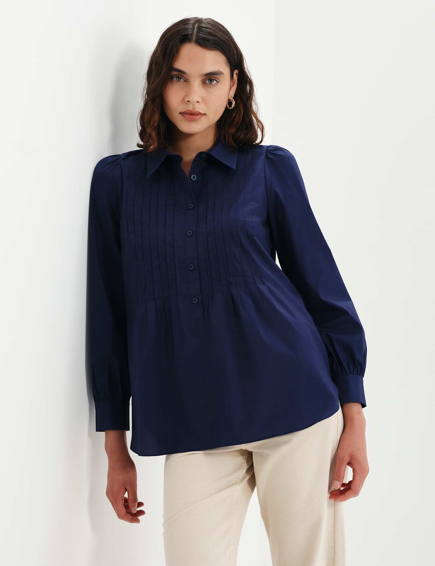 Finery London Cotton Rich Collared Pintuck Shirt Navy
