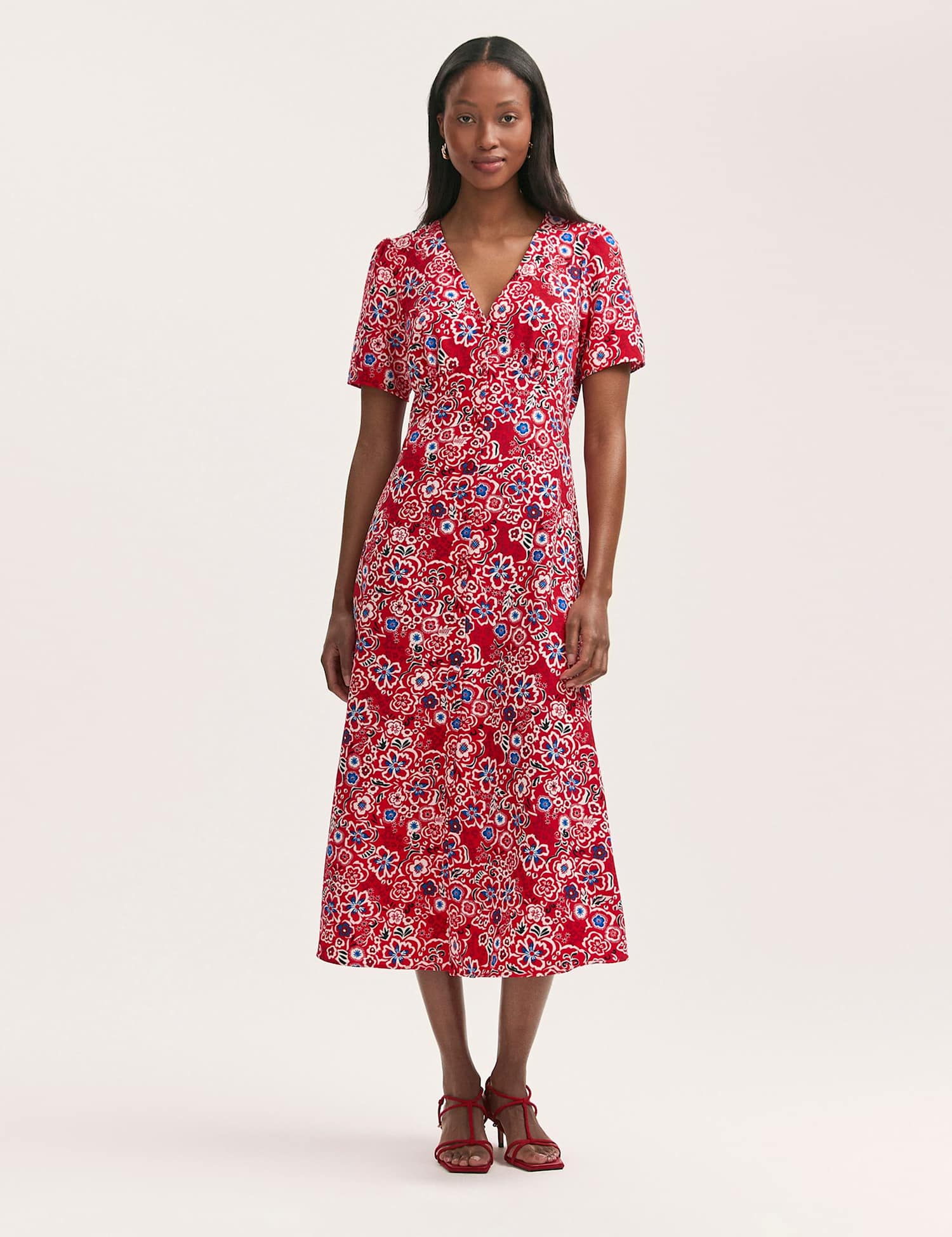 Finery London Floral V-Neck Button Through Midi Tea Dress Red Mix