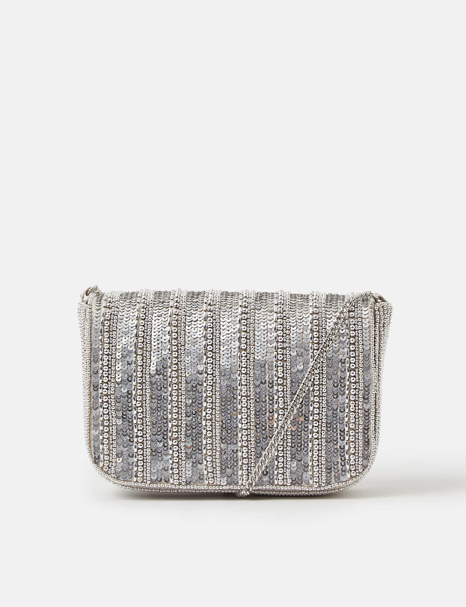 ACCESSORIZE Striped Beaded Flap Cross Body Clutch Bag Silver