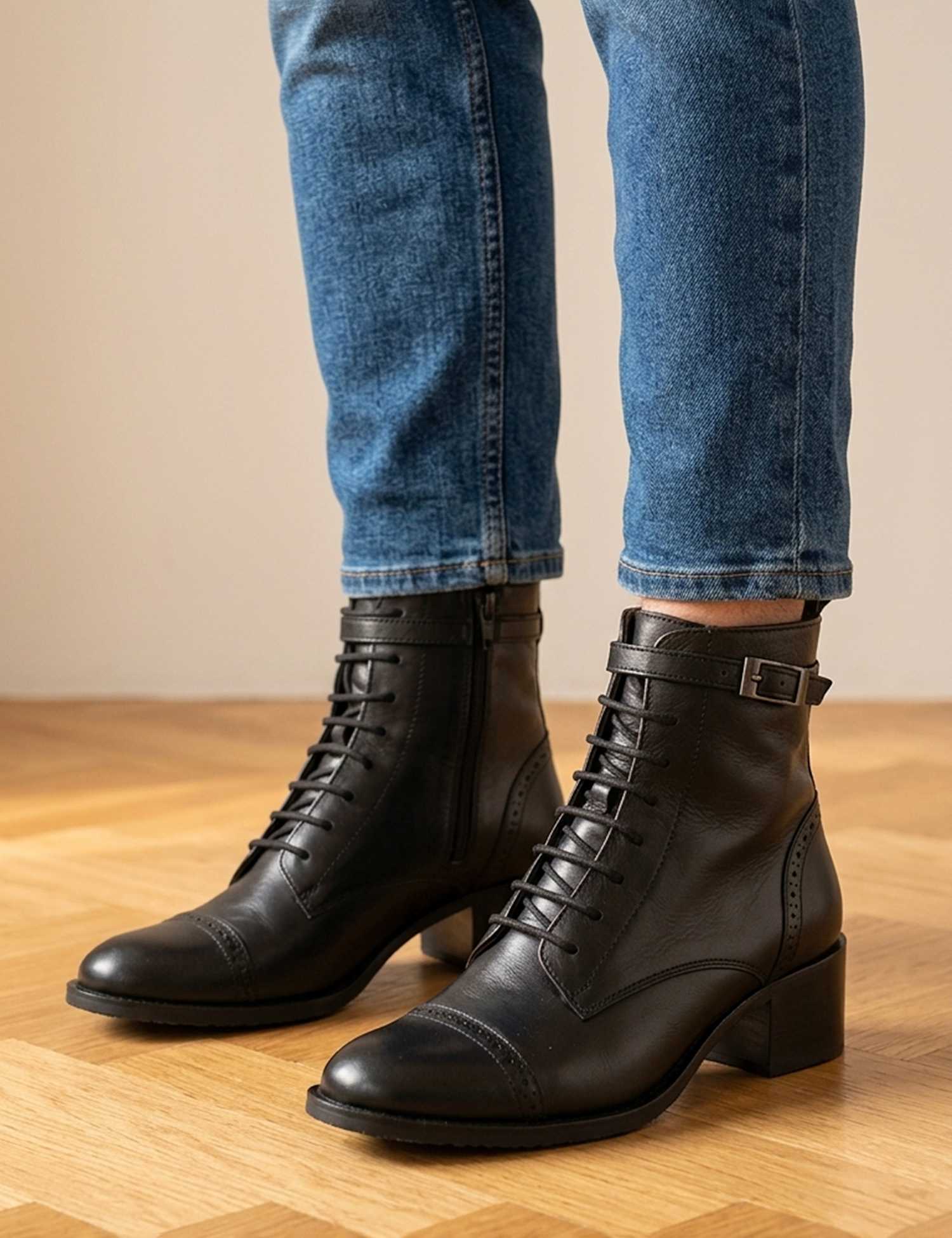 Jones Bootmaker Wide Fit Leather Block Heel Ankle Boots Black