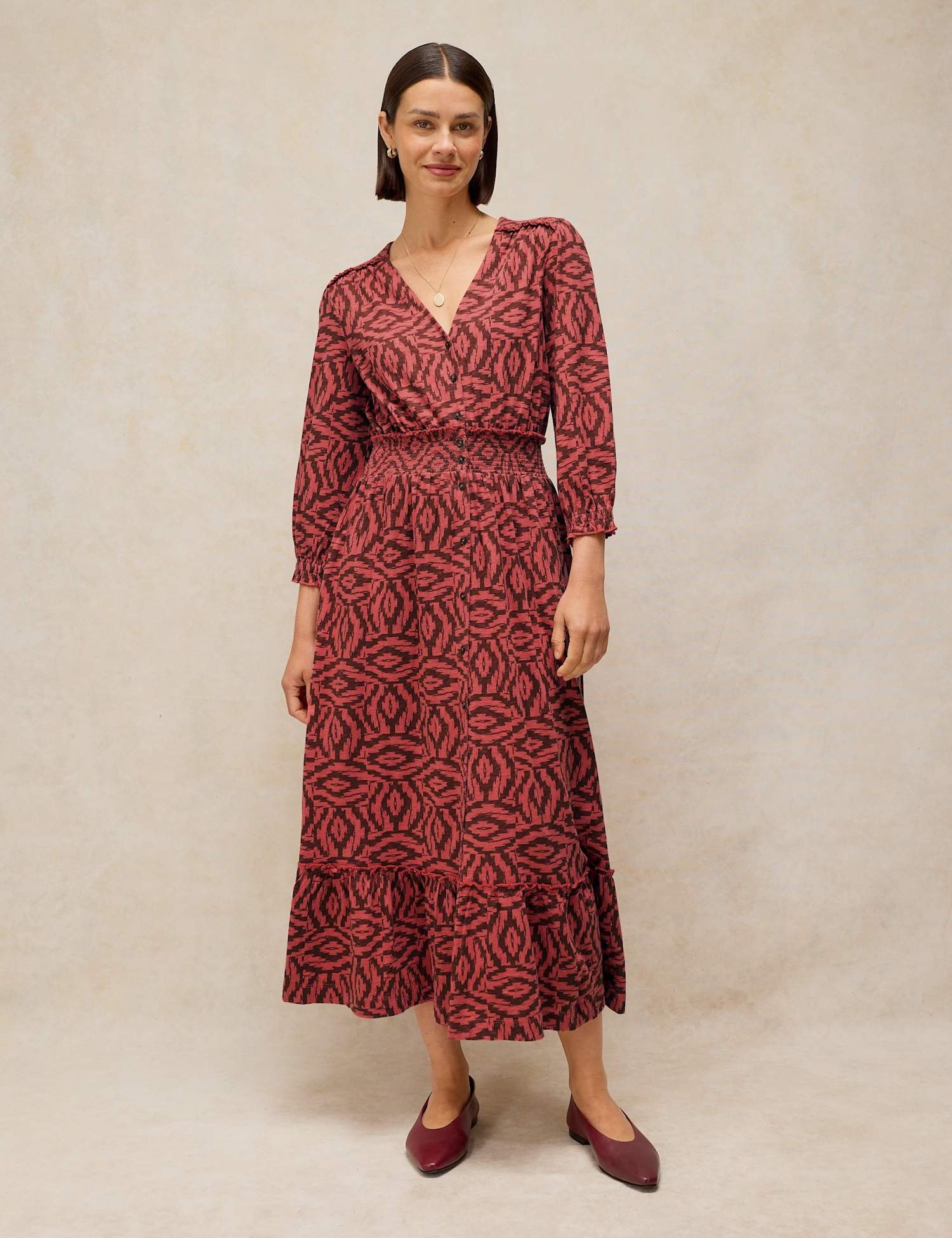 White Stuff Jonie Pure Cotton Printed Shirred Detail Midi Dress Plum