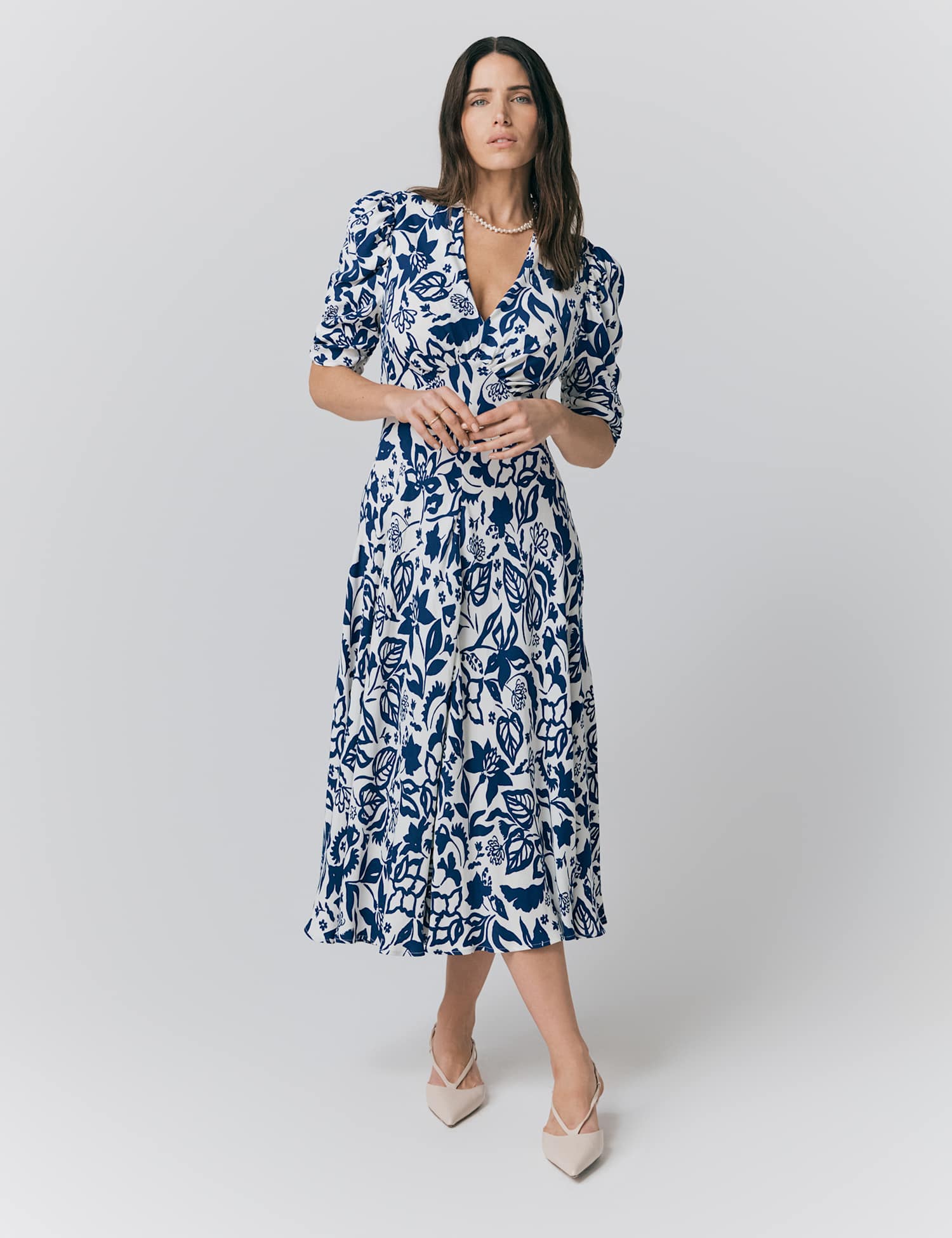 Ghost Crepe Floral V-Neck Midi Tea Dress Navy Mix