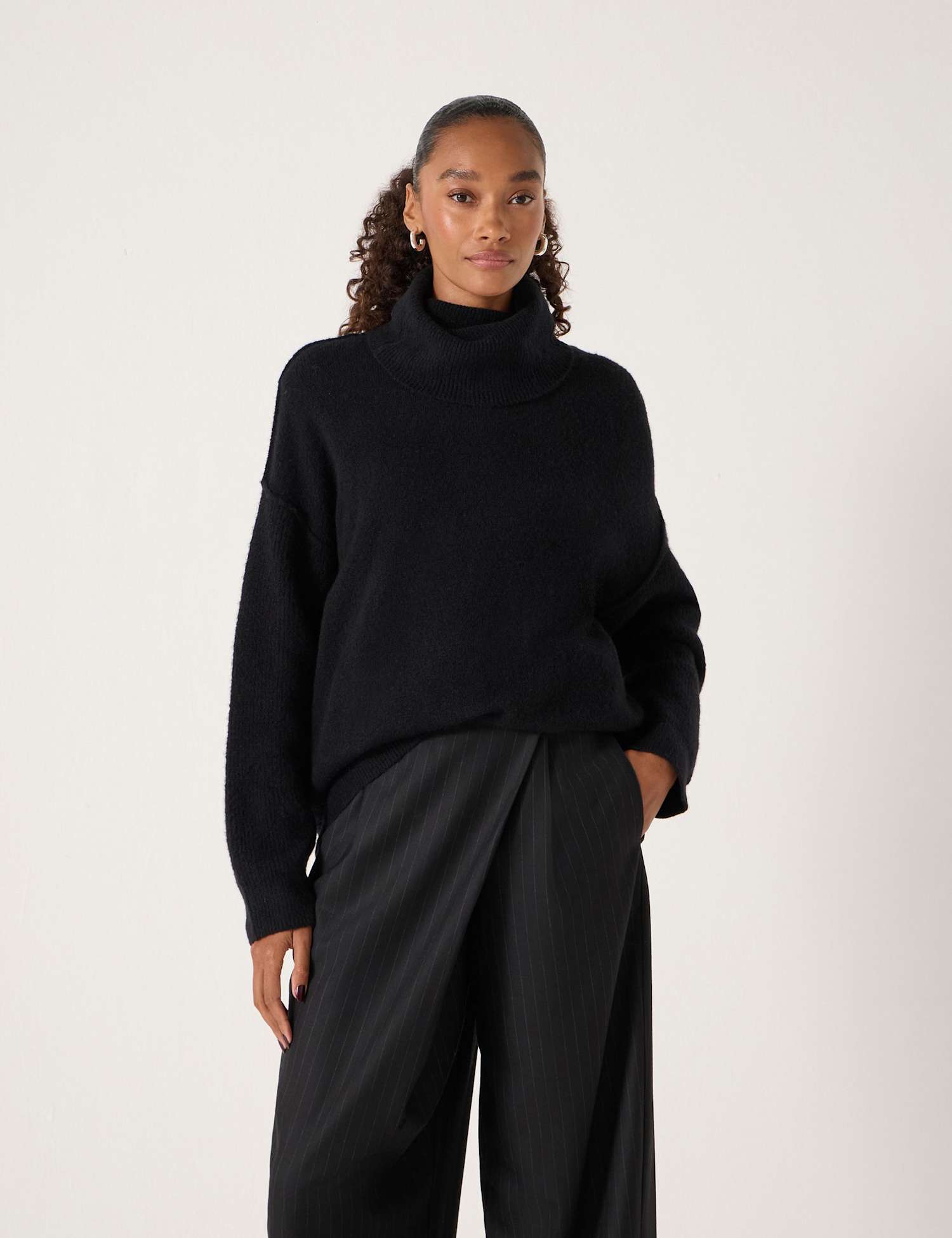HUSH Wool Blend Textured Roll Neck Longline Jumper Black