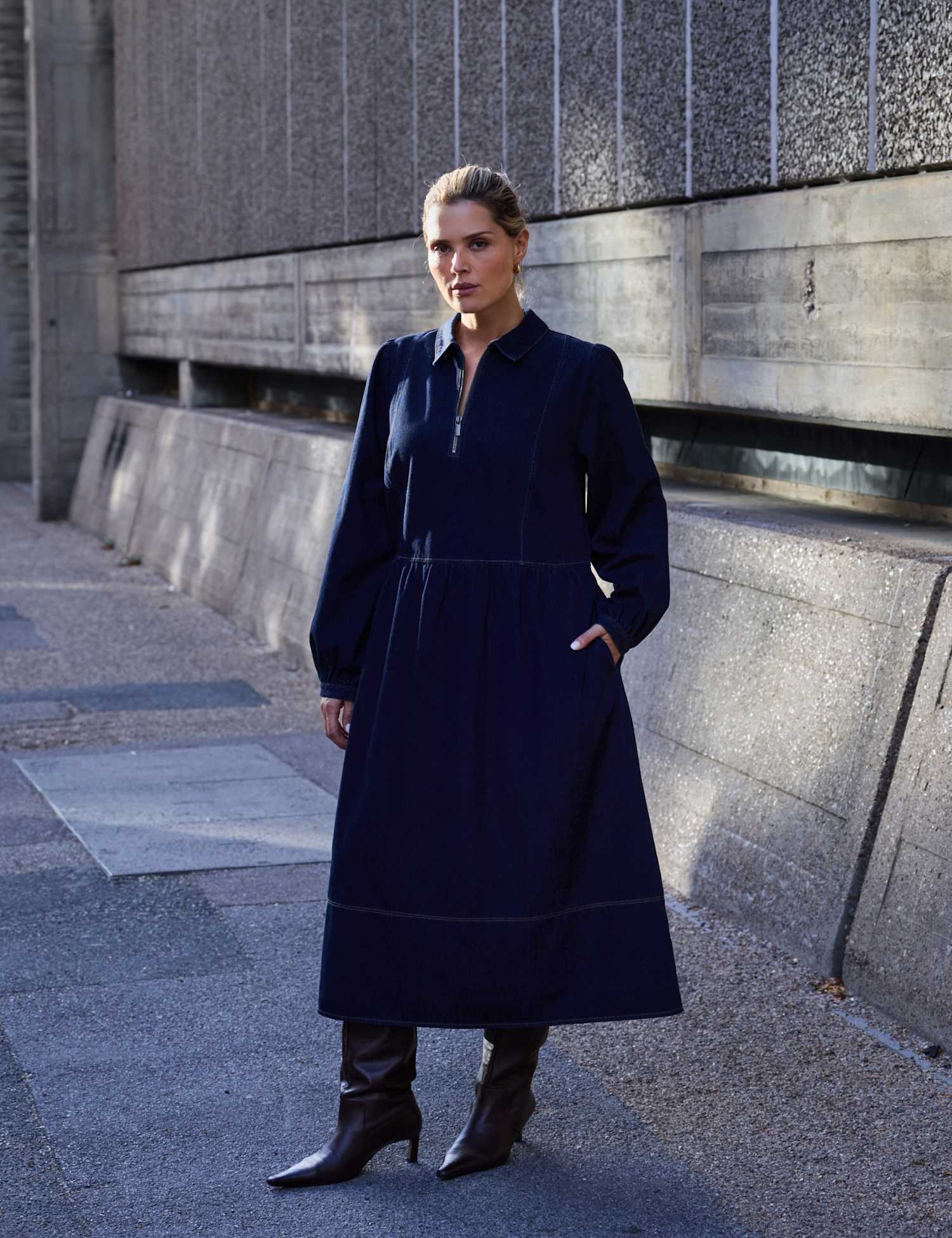 Live Unlimited London Cotton Rich Collared Midi Tiered Dress Blue