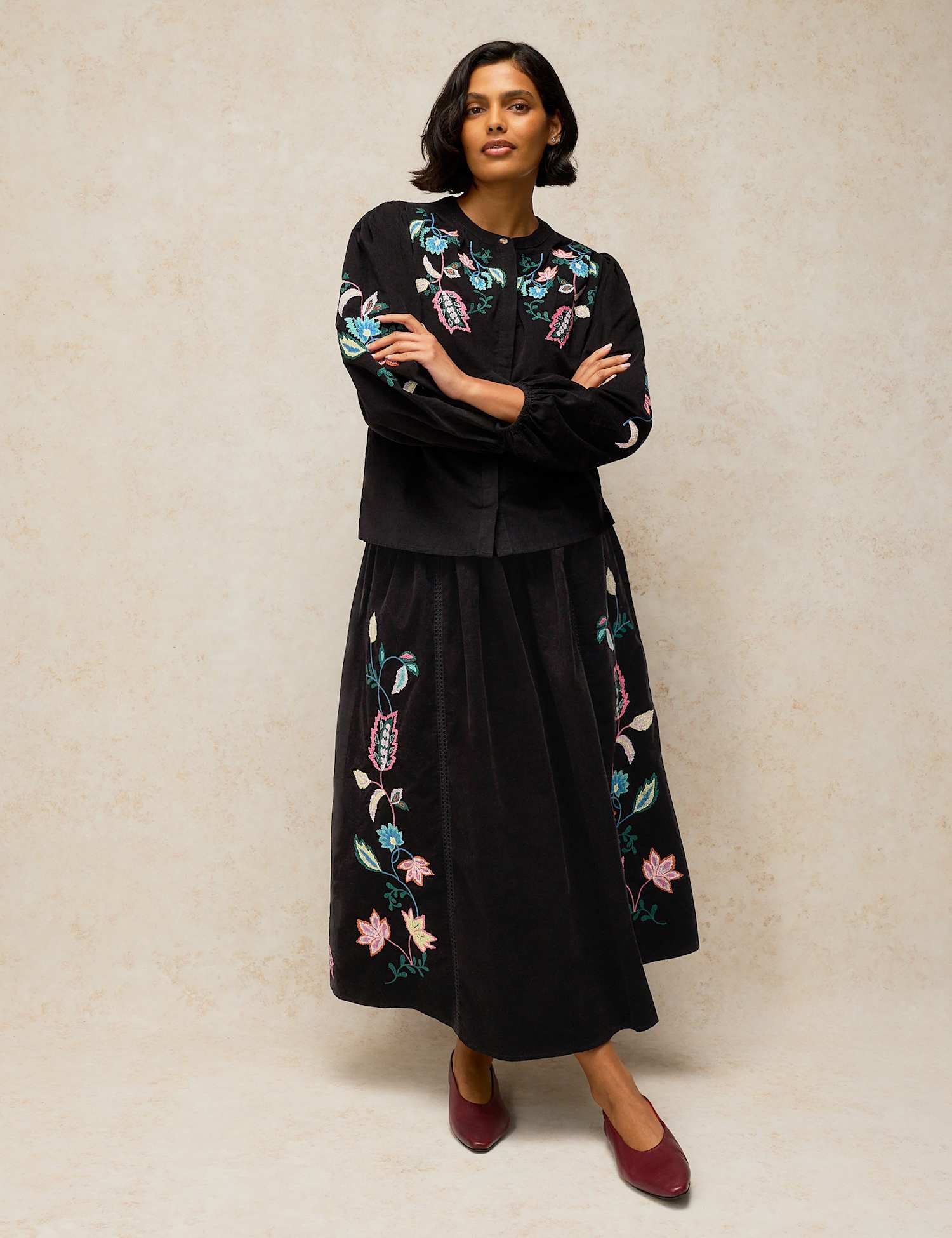 White Stuff Corduroy Embroidered Midaxi A-Line Skirt Black Mix