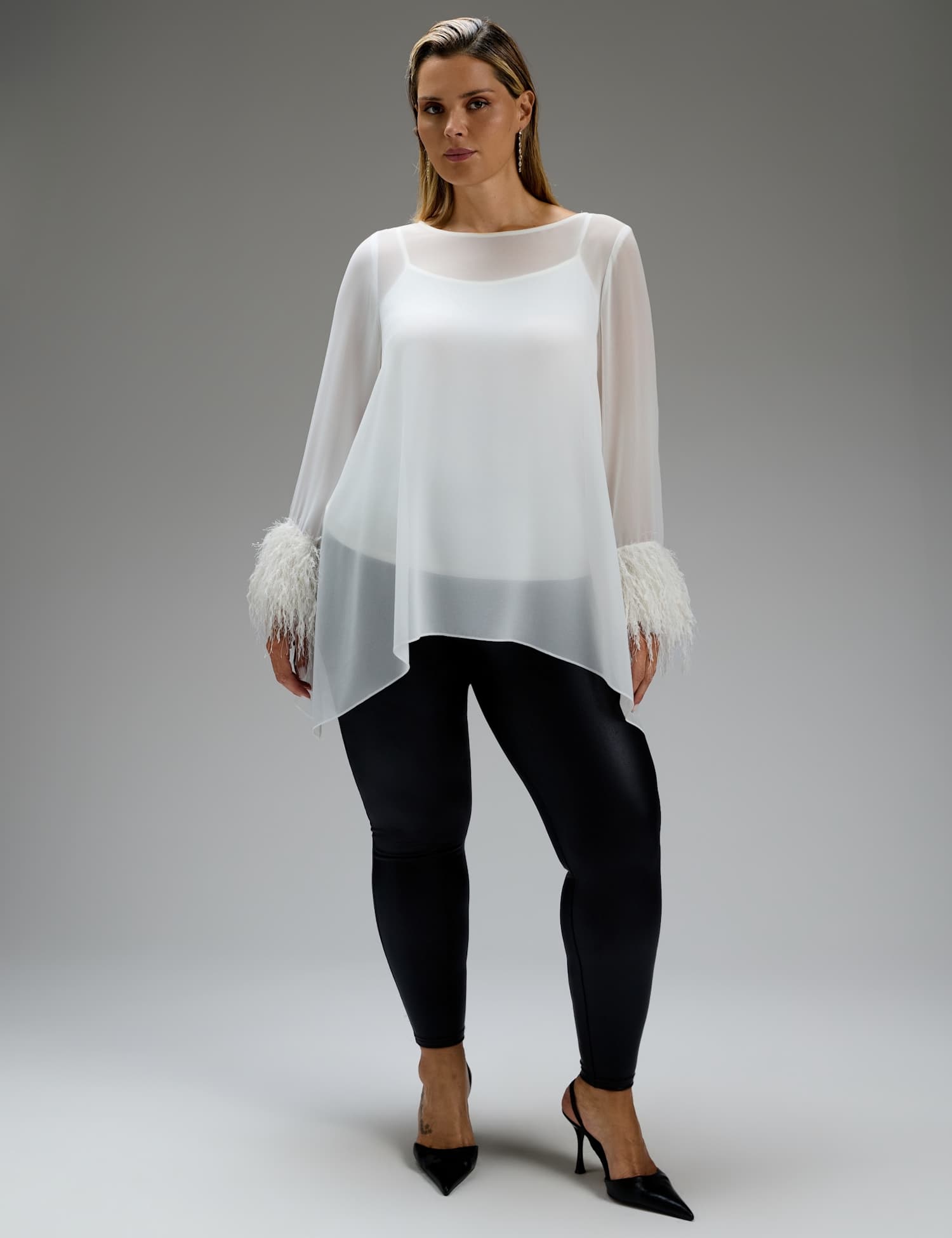 Live Unlimited London Fringe Cuff Overlay Hanky Hem Blouse Ecru