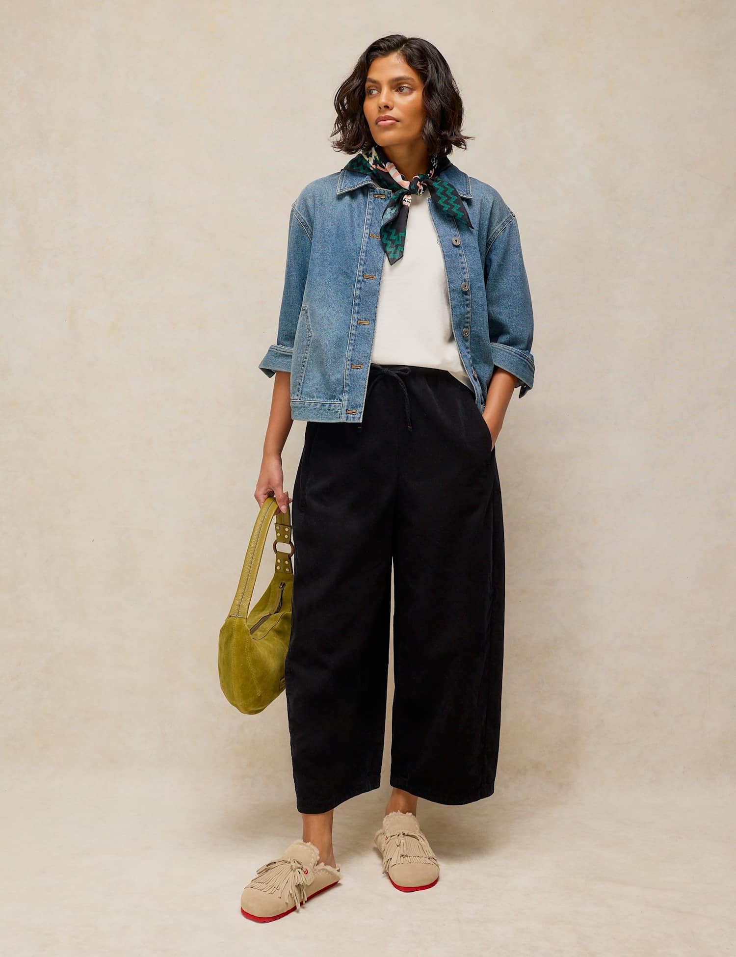 White Stuff Leona Cord Elasticated Waist Wide Leg Trousers Black
