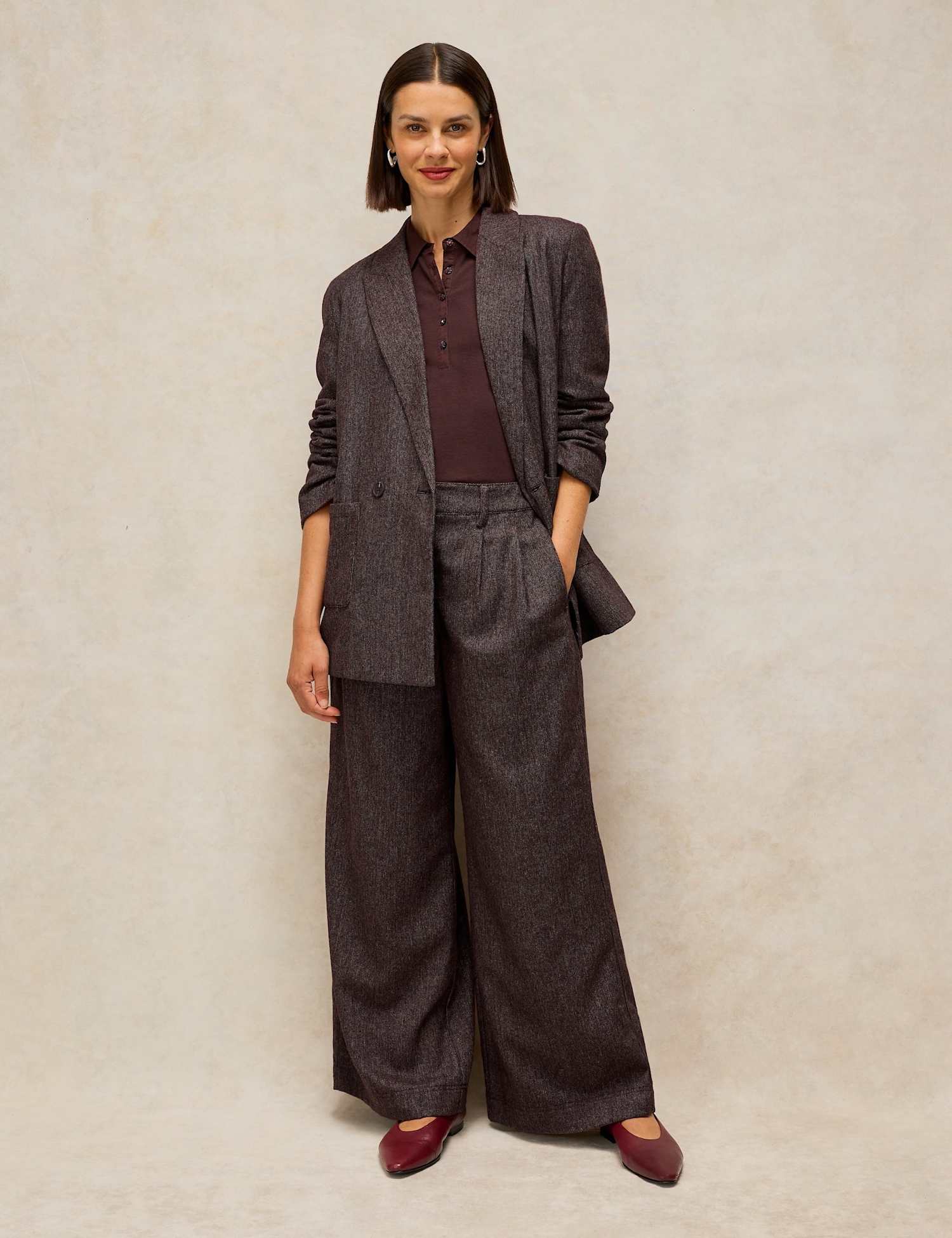White Stuff Sasha Wool Blend Tweed Wide Leg Trousers Plum