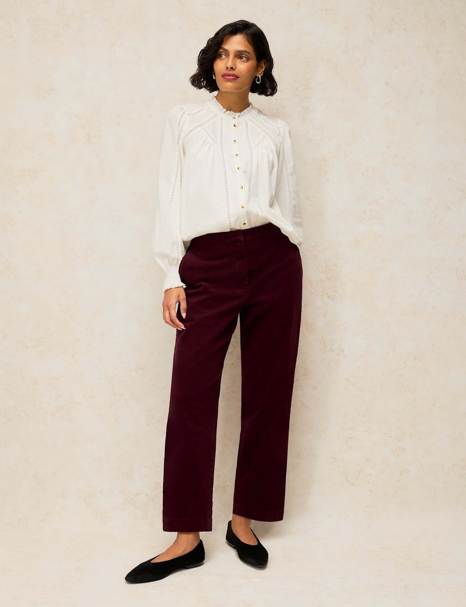 White Stuff Illy Cord Straight Leg Cropped Trousers Plum