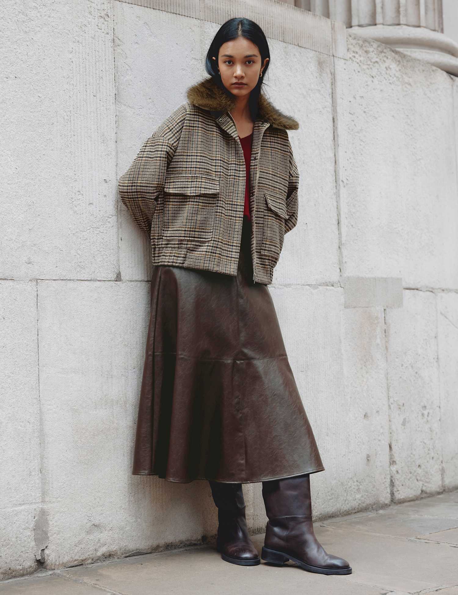 Albaray Checked Faux Fur Collar Jacket with Wool Natural Mix