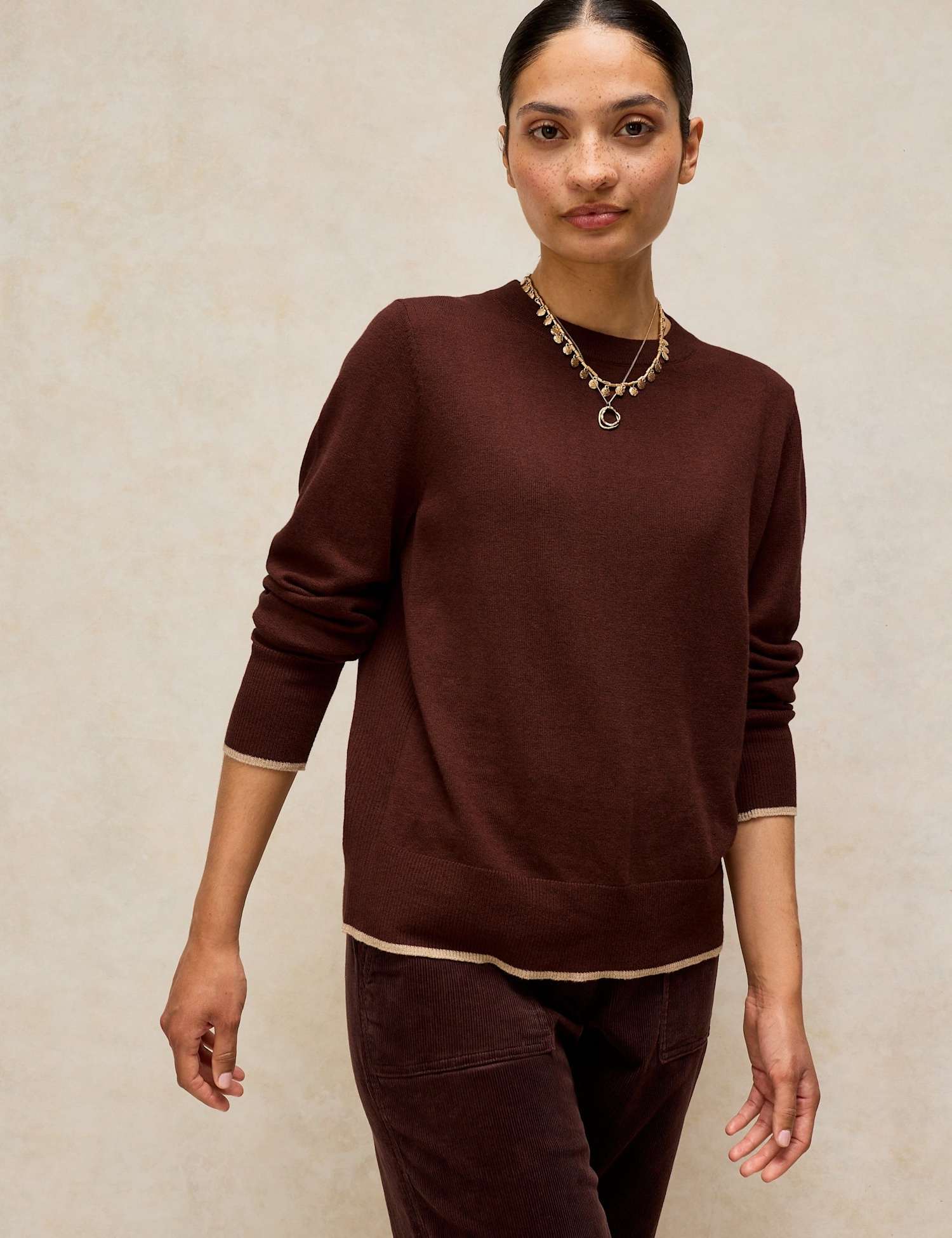 White Stuff Cotton with Merino Wool Crew Neck Jumper Dark Brown