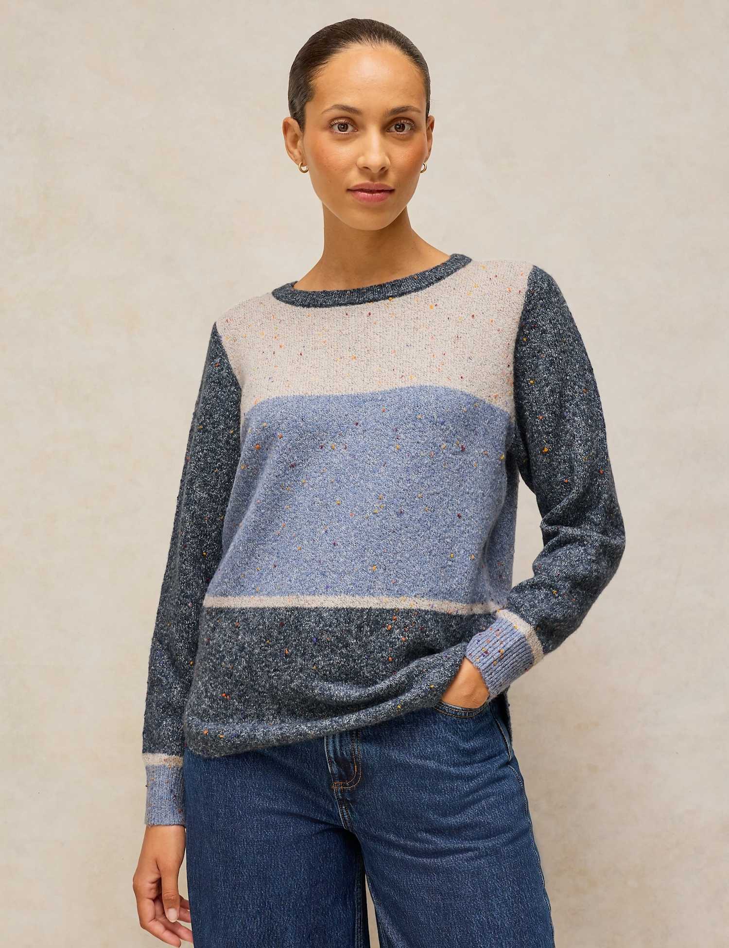 White Stuff Colour Block Nep Crew Neck Jumper Blue Mix