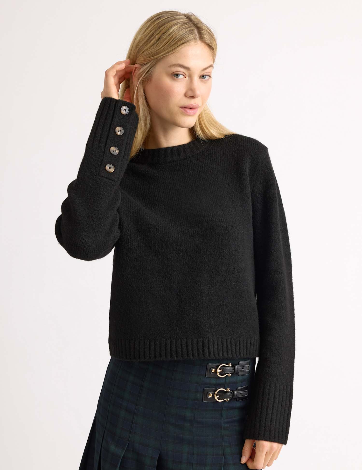 Albaray Crew Neck Button Detail Jumper with Wool Black