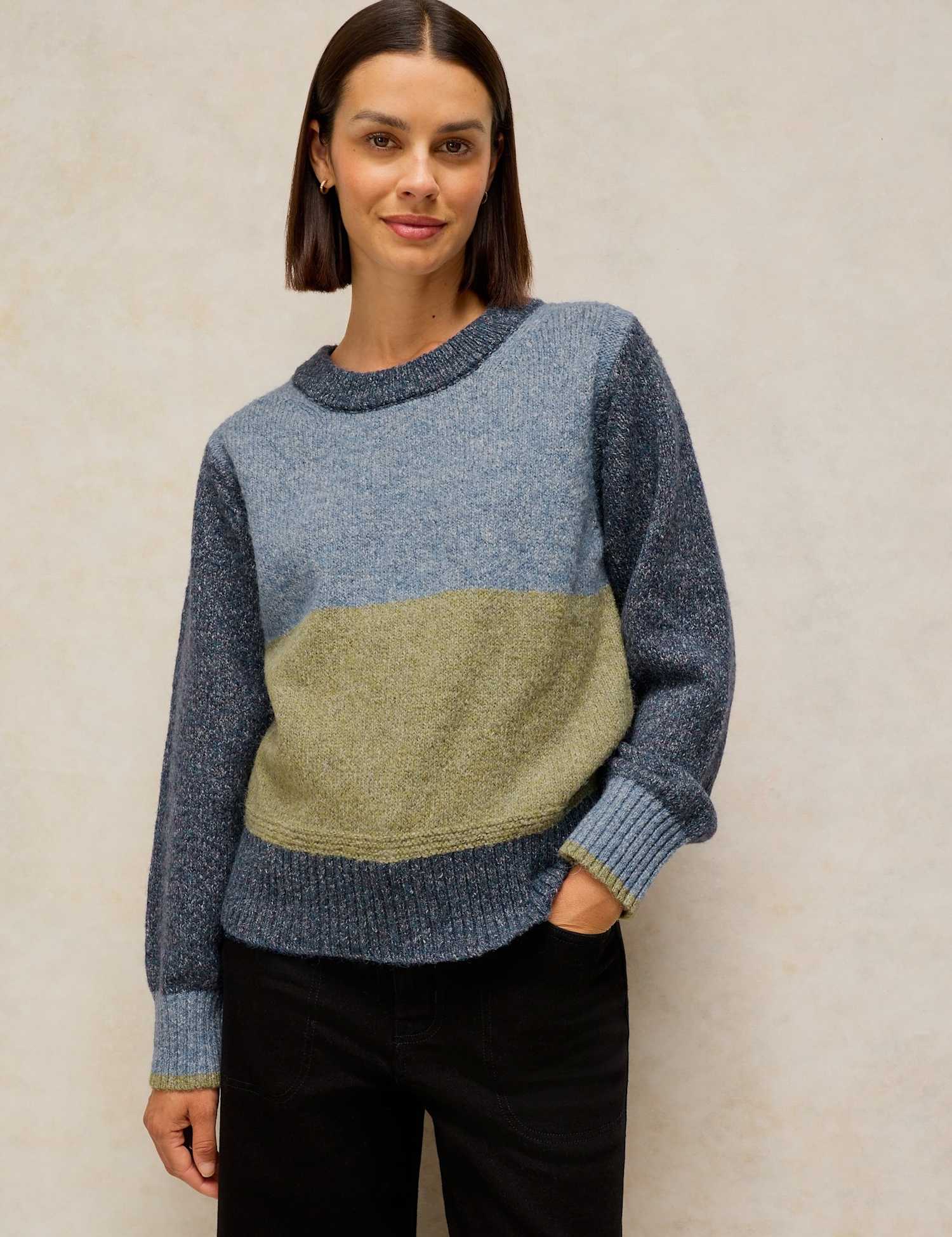 White Stuff Colour Block Crew Neck Jumper Blue Mix