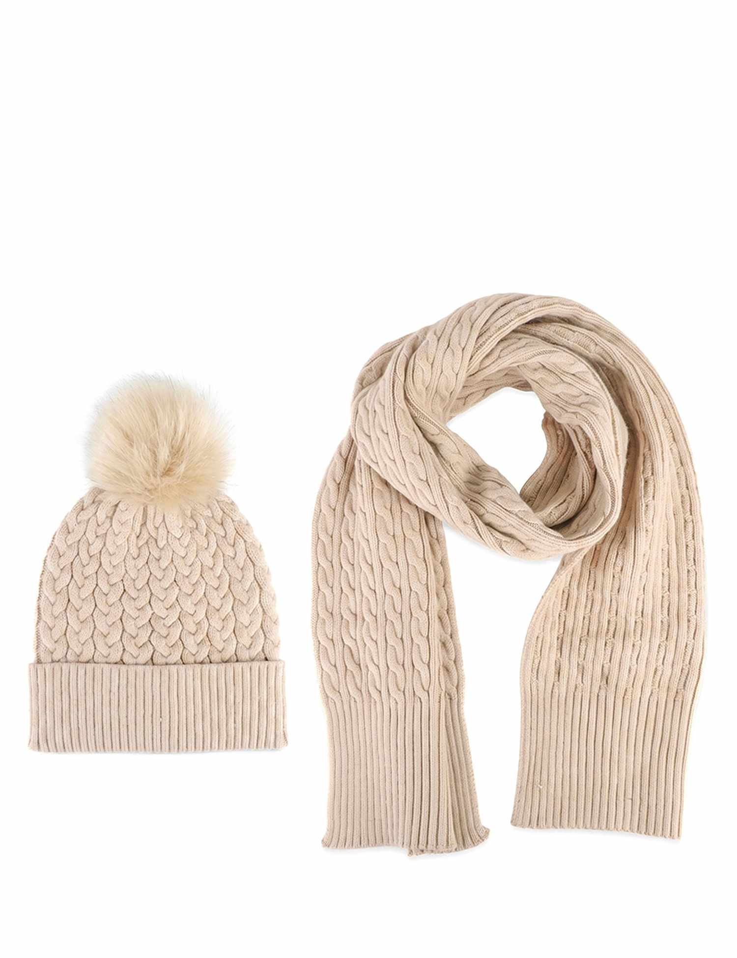 Jones Bootmaker Knitted Pom Hat And Scarf Set Sand