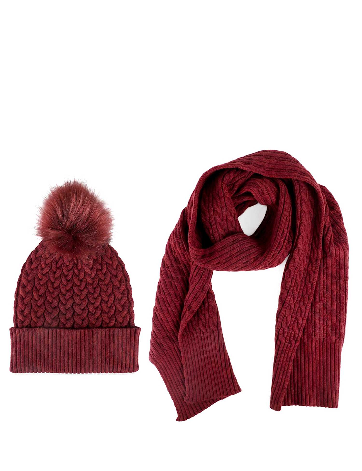 Jones Bootmaker Knitted Pom Hat And Scarf Set Burgundy