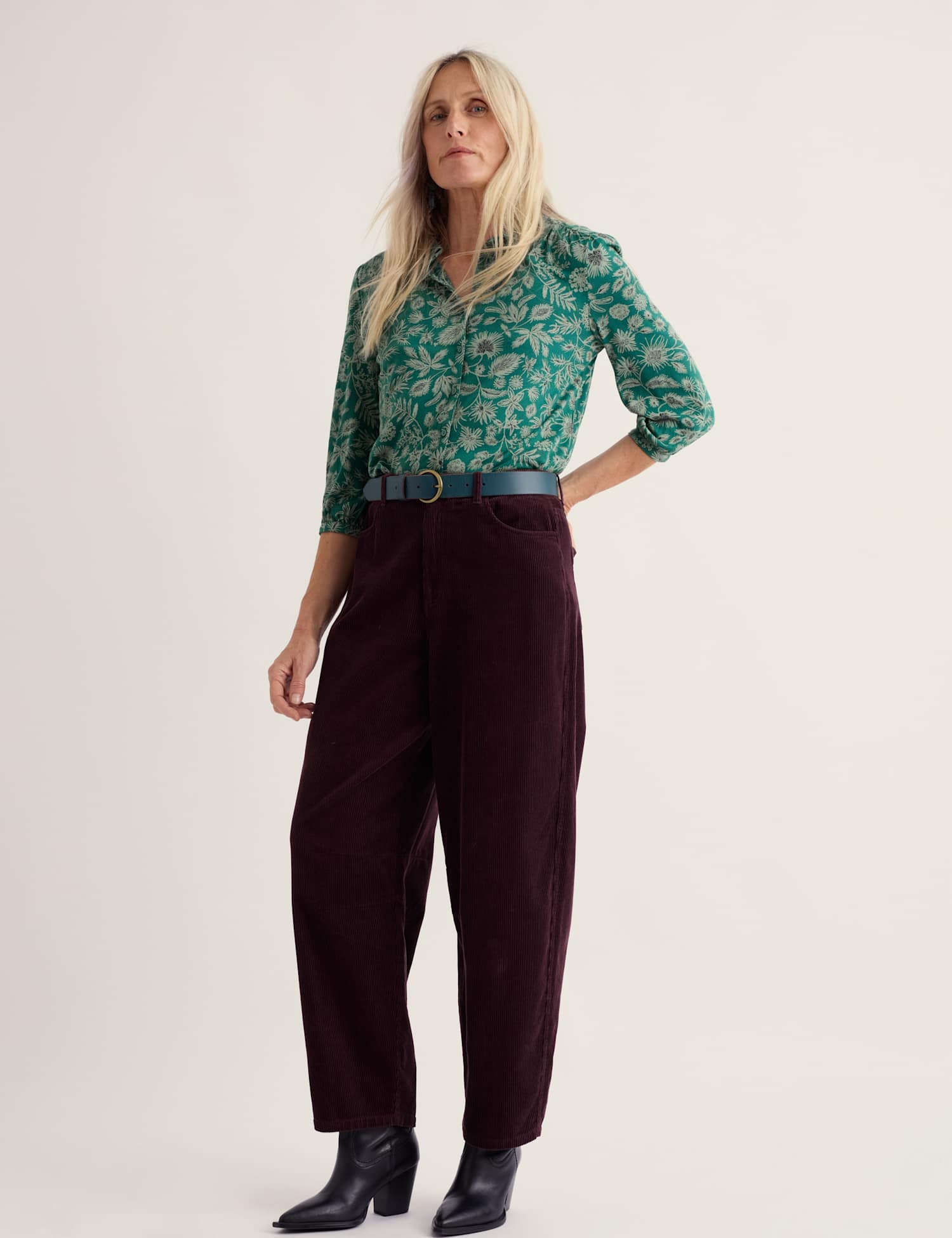 Seasalt Cornwall Cotton Rich Printed Collared Blouson Sleeve Shirt with Modal Green Mix